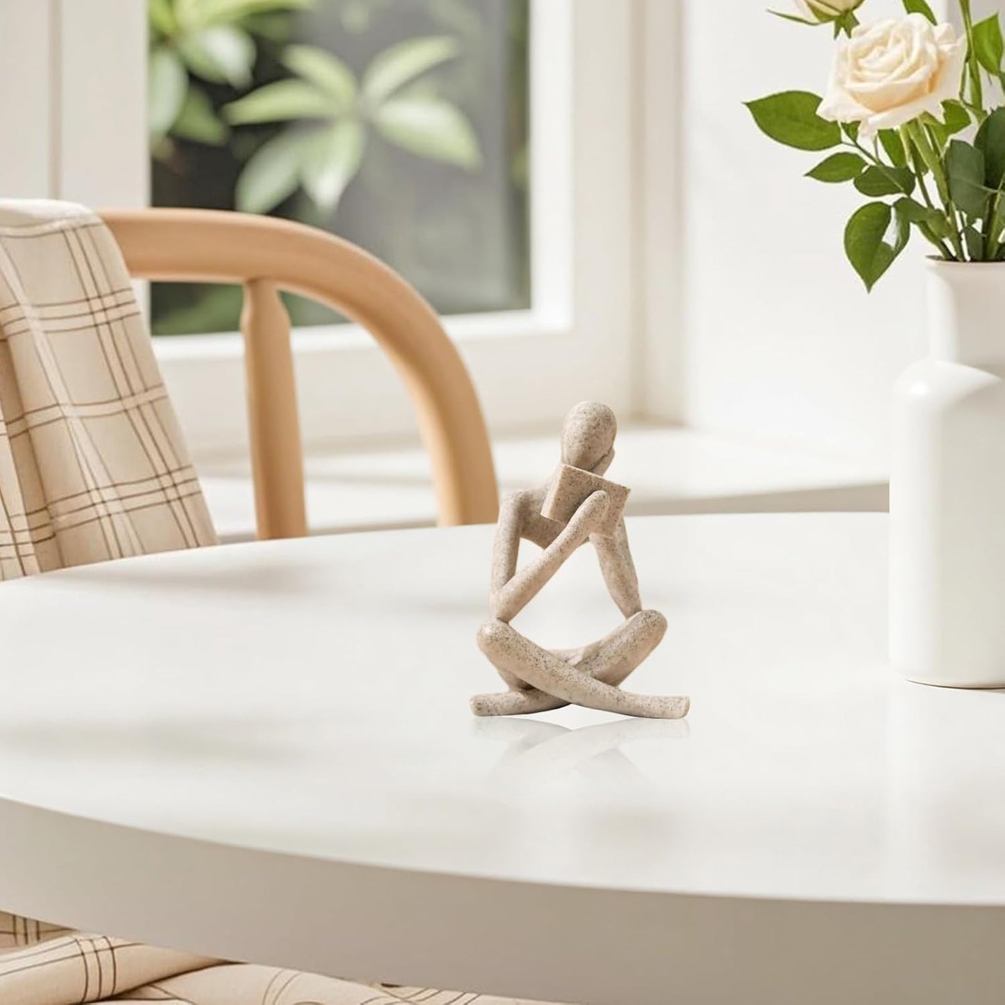 Bookshelf Decor Reading Statue - Abstract Art Thinker Sculpture Bookend for Shelves Aesthetic, Modern Home Decoration Figurine for Living Room Office Shelf Desk Coffee Table Decor(Beige Right)