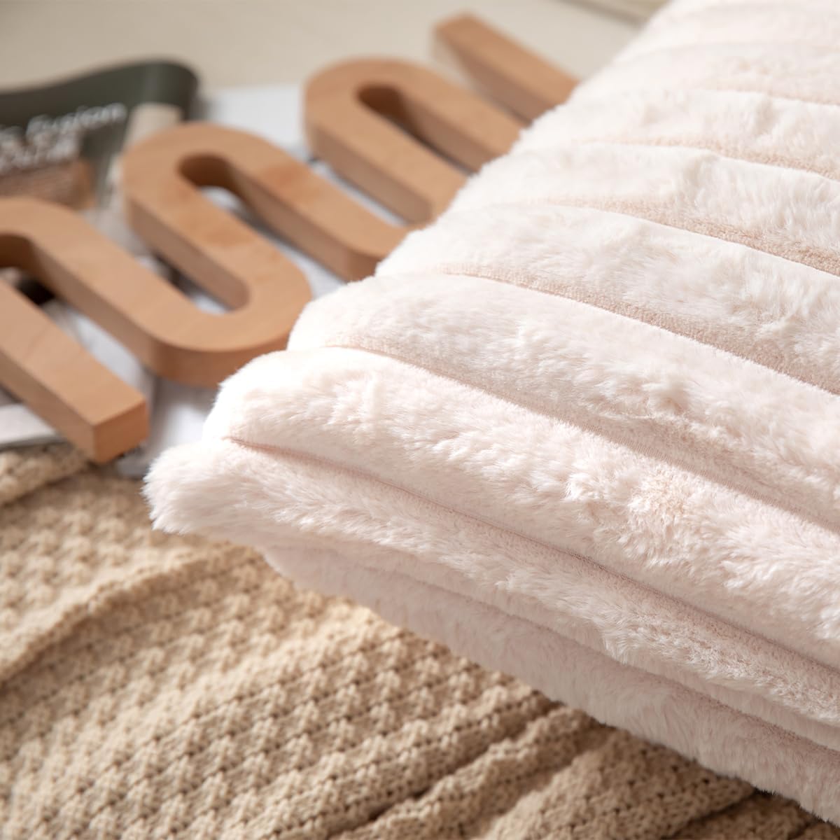 DEELAND Pack of 2,Double-Sided Faux Fur Plush Decorative Throw Pillow Covers Fuzzy Striped Soft Pillowcase Cushion Covers for Sofa Couch Bedroom Beige 16x16 inch