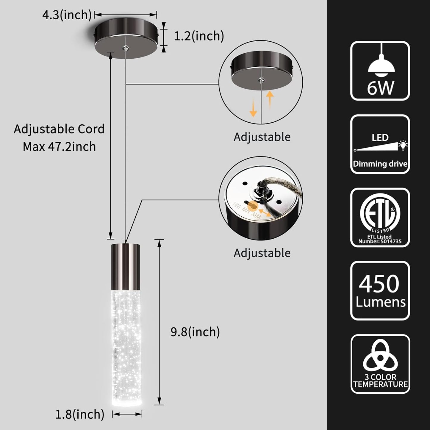 OKELI Modern Pendant Light,3Color LED Bubble Crystal Island Light Fixtures,Black Mini Pendant Lighting for Kitchen Island,Bar,6W,3000-6000K,ETL