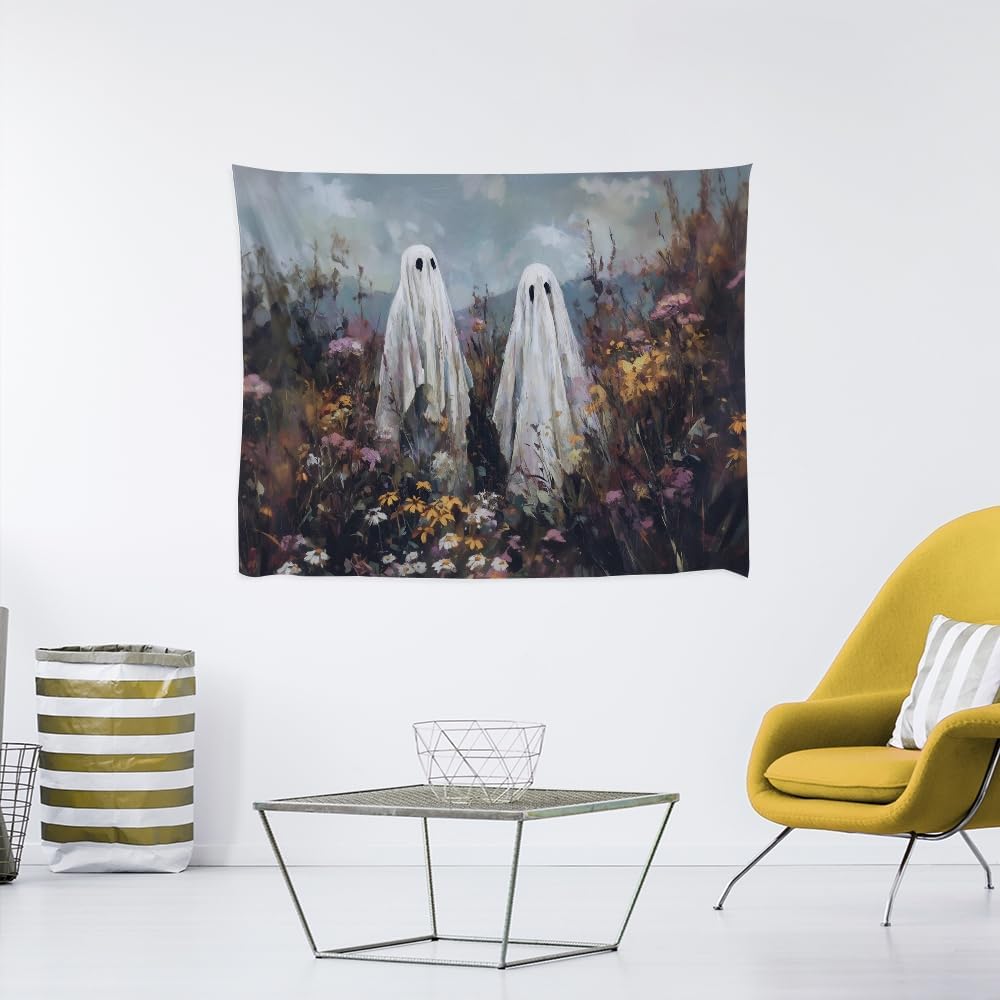Halloween Ghosts in Wildflowers Tapestry Wall Hanging Spooky Cute Ghost Floral Tapestries Victoria Moody Artwork Aesthetic Print for Goth Living Room Bedroom wall Decor 30x40inch
