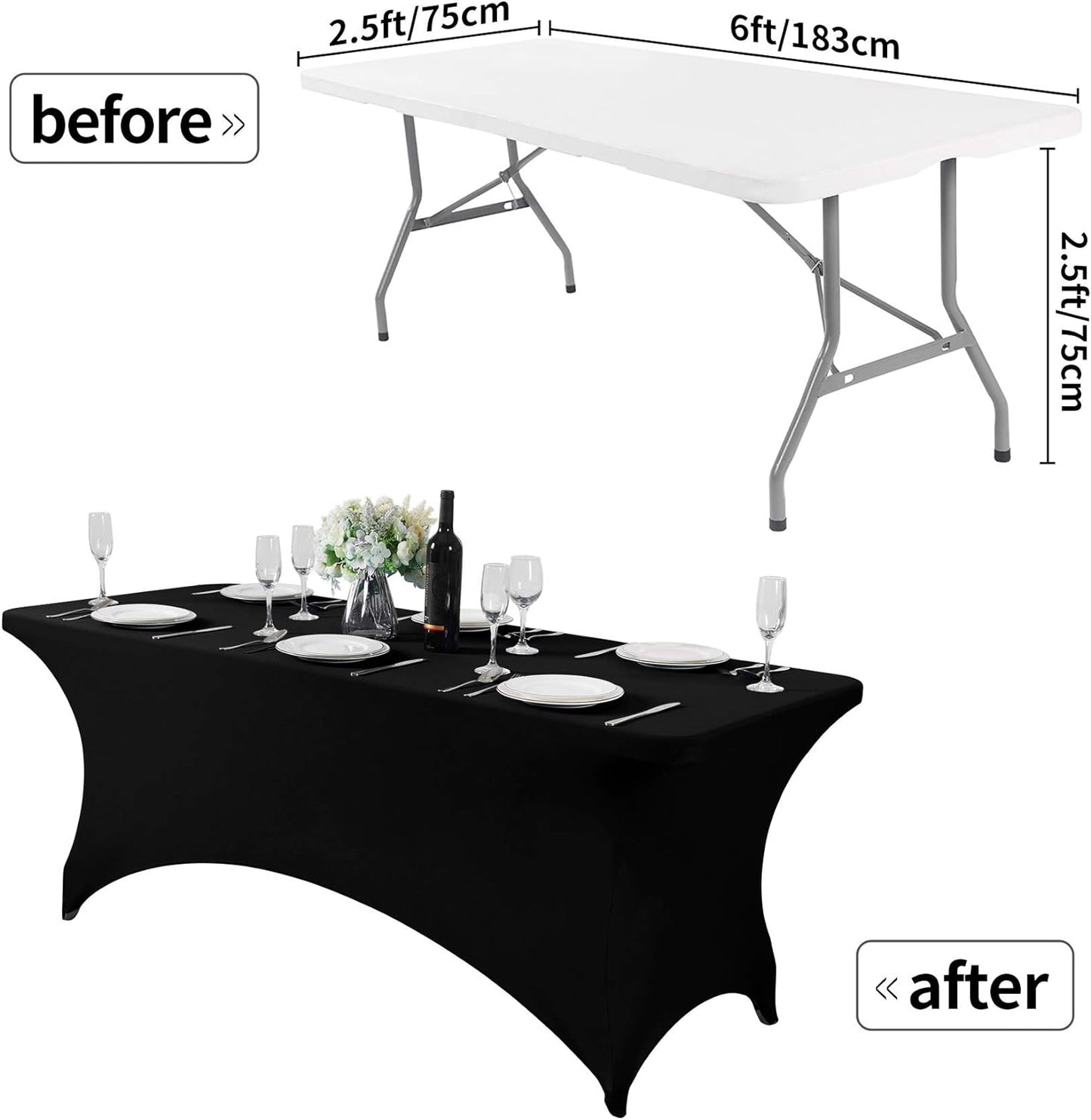 2Pack Spandex Table Cover for 6Ft or 4fT or 8ft Table Universal Fitted Stretch Tablecloth for Party, Banquet, Wedding and Events-Black