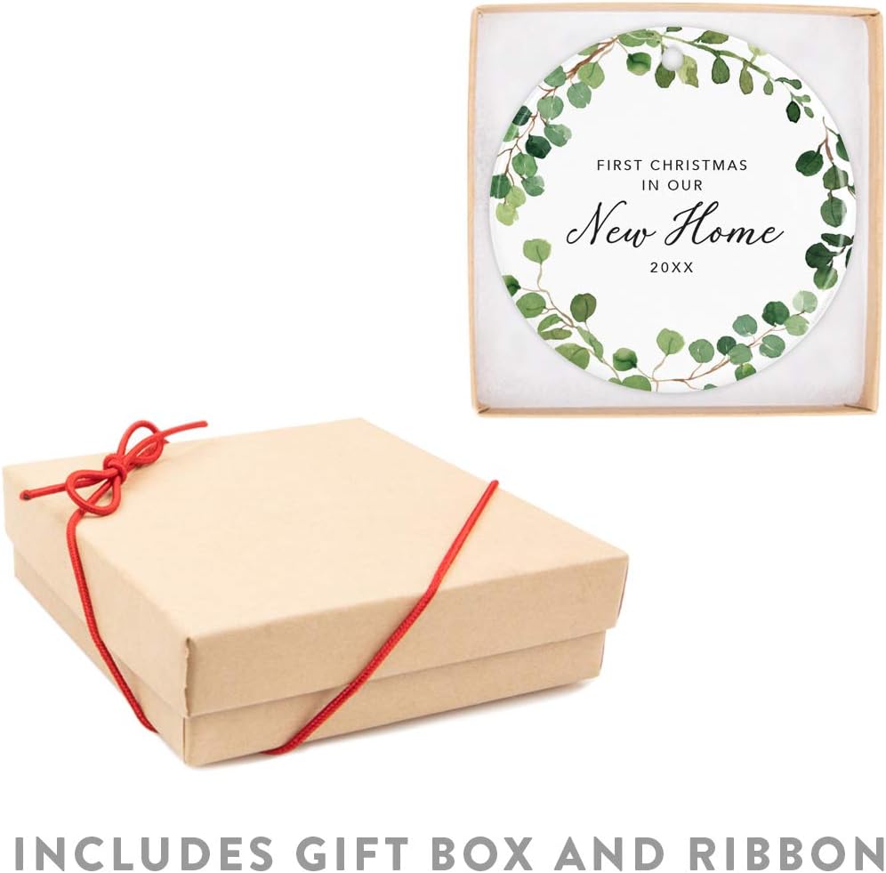 Andaz Press Custom Year Round Ceramic Porcelain Christmas Tree Ornament Keepsake Collectible Gift, First Christmas in Our New Home 2025, Woodland Wreath Deer, 1-PackHousewarming Gift Ideas