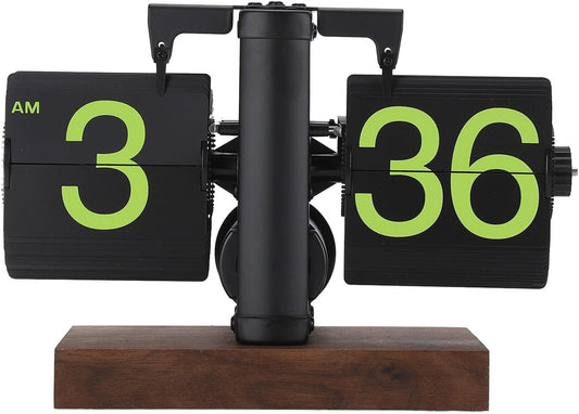 Flip Desk Clock, Retro Vintage Flip Desk Table Clock, Digital Sided Large Numbers Mechanical Flip Clock Wood Base for Living Room, Study Room and Office（Frosted Black）