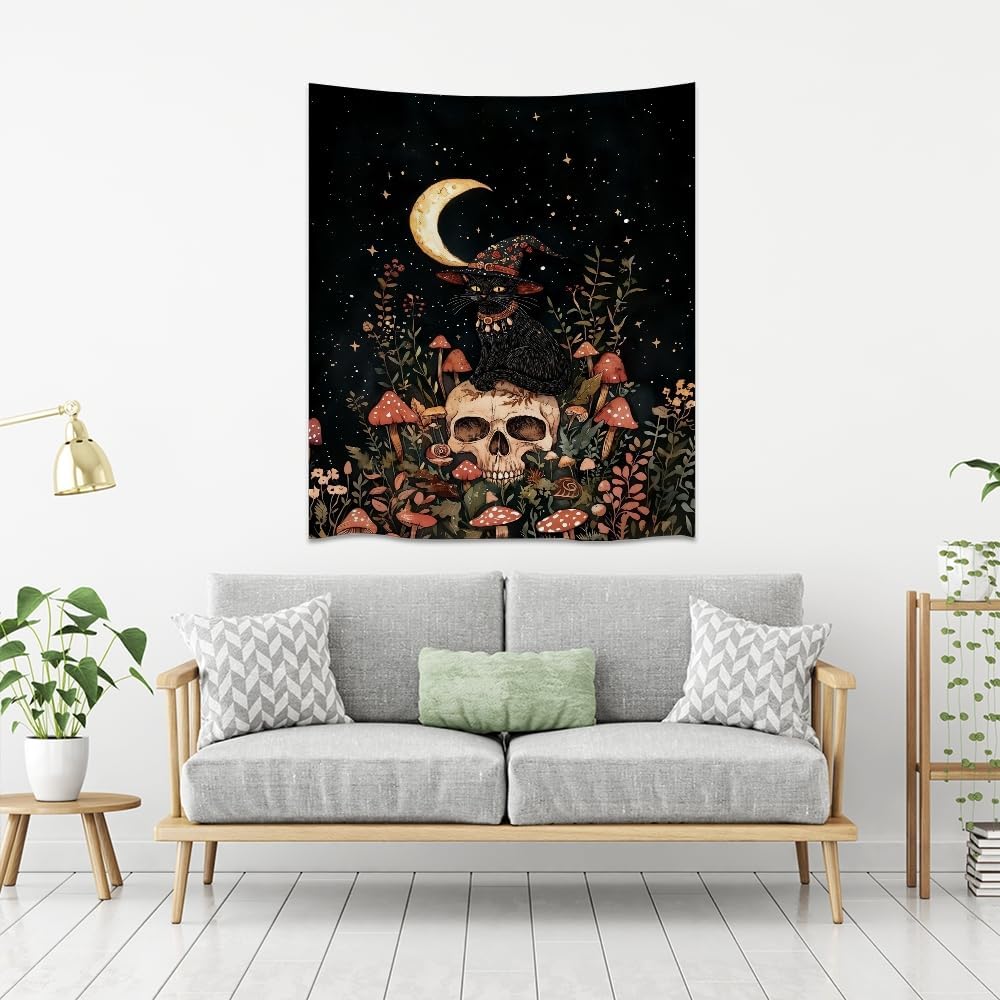 Halloween Witch Cat Tapestry Gothic Skull and Mushroom Artwork Print Spooky Halloween Witchy Wall Hanging Decor Black Cat Crescent Moon art Tapestries for Living Room Bedroom Decoration 70x90inch