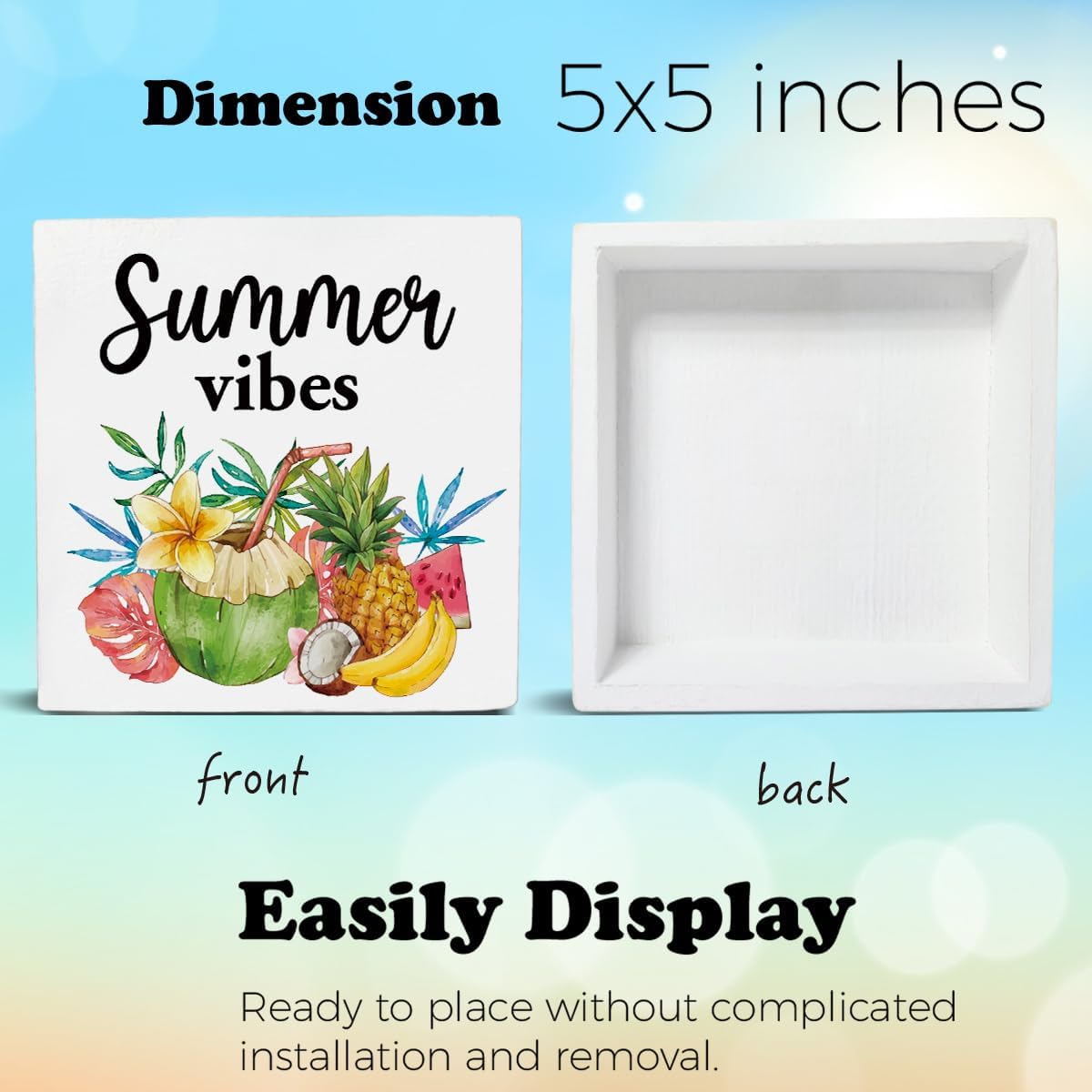 Oqtumes Summer Vibes Decorations Fruit Wooden Sign Rustic Home Decor 5 x 5 Inches