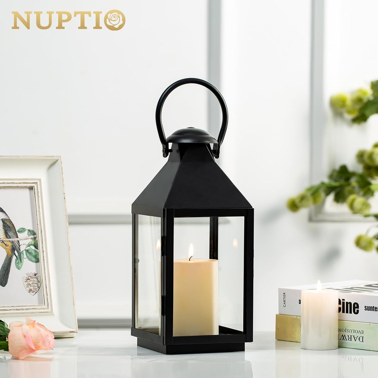 NUPTIO Black Decorative Candle Lantern: Metal Pillar Candle Holders for Table Centerpiece - 10.2in Tall Hanging Lanterns for Outdoor Wedding Party Home Living Room Fireplace Decor