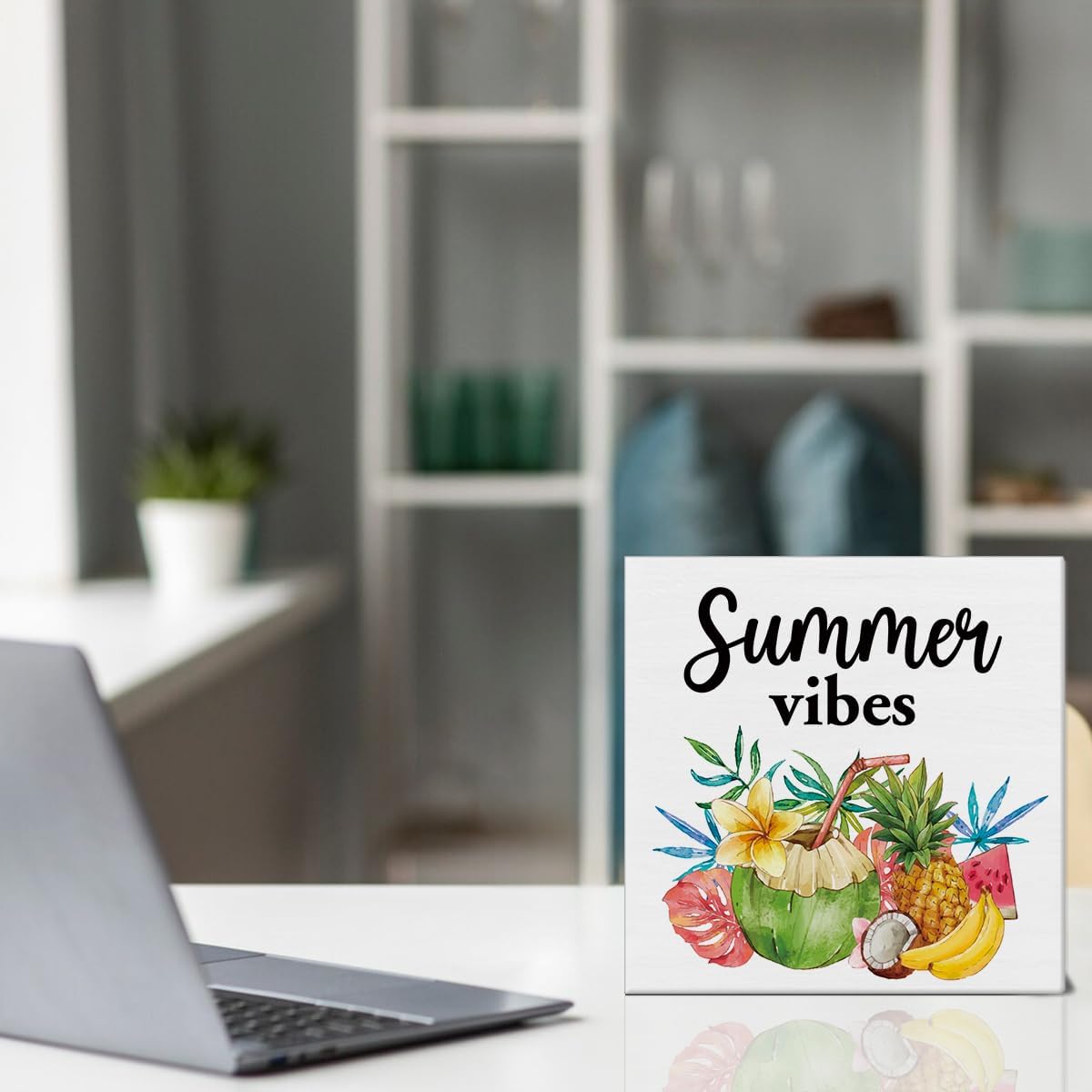 Oqtumes Summer Vibes Decorations Fruit Wooden Sign Rustic Home Decor 5 x 5 Inches