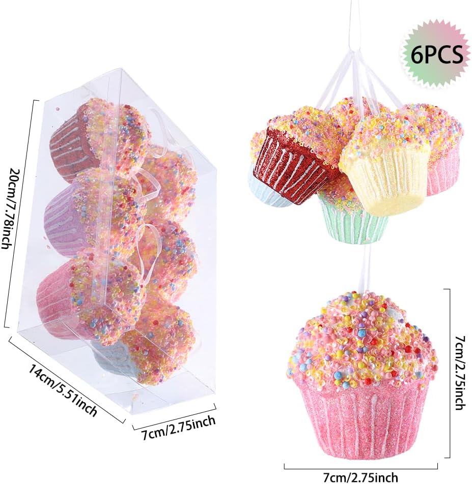 Cupcake Party Decorations Ornaments,6pcs Hanging Christmas Tree Candy Ornaments, Macaron Color Mini Dessert Cupcake Pendant Set for Xmas New Year Birthday Home Party Supplies (Cake)