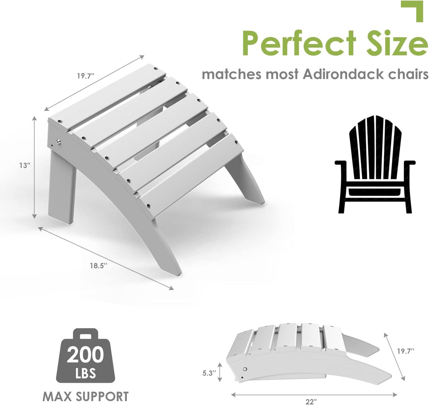 GREENVINES Adirondack-Ottoman | Set of 2 | HDPE Plastic | Outdoor Footrest | All Weather | Foot Rest | Foot Stool | White | for Adirondack Chair | for Patio Backyard Pool