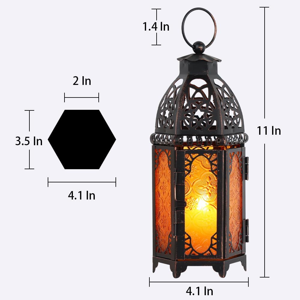 NEEDOMO 11'' Moroccan Lanterns Decorative Indoor & Outdoor, Vintage Christmas Candle Holder, Metal Lanterns Decorative, Table, Patio, Porch, Shelf, Christmas Spring Halloween Home Decor (Amber)
