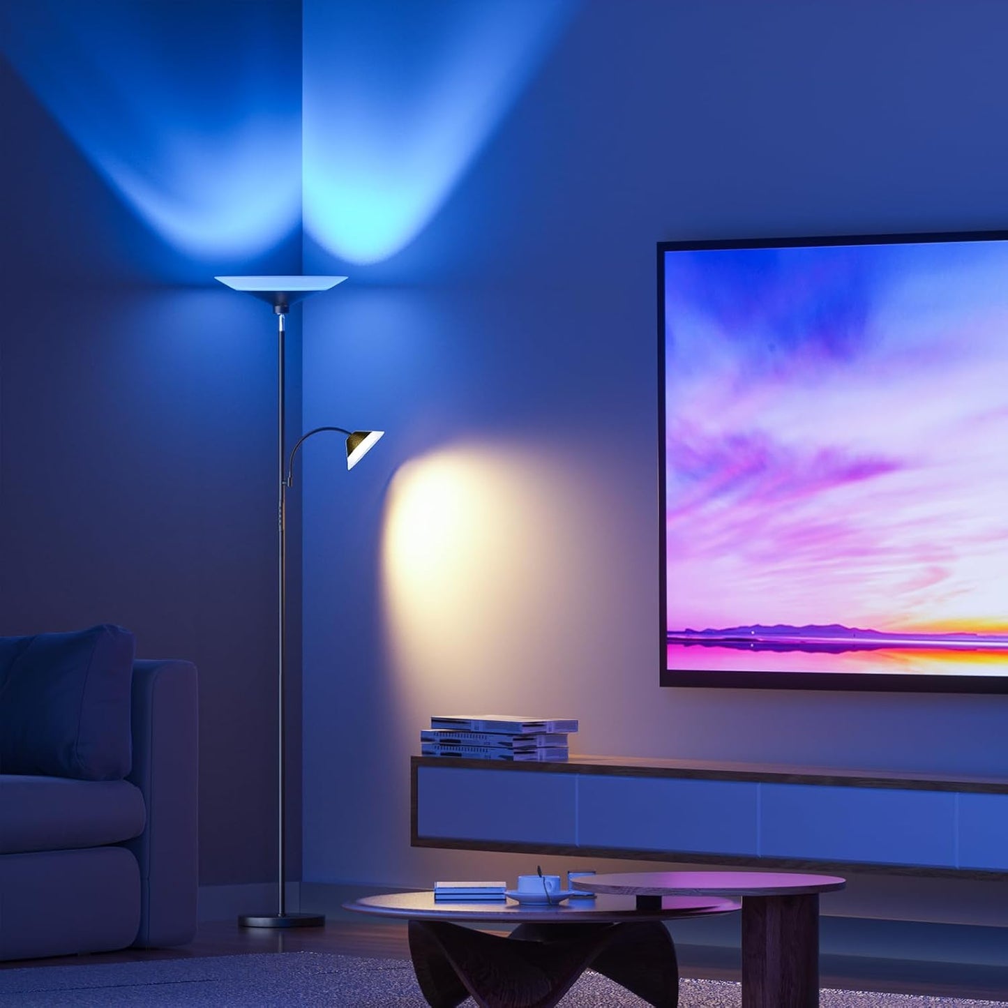 RGB Torchiere Floor Lamp - 2 Way Dimmable LED Standing Lamp with Remote&Button Control, 34W Rotatable Floor Reading Light, 72'' Tall Modern Corner Lamp for Living Room Bedroom Office, Black