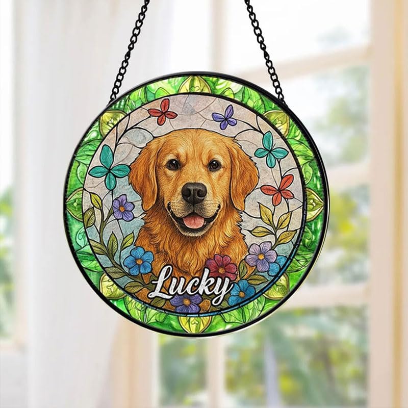 Custom Dog Suncatcher with Pet Name, Personalized Stained Glass Window Hanging Art, Unique Memorial Gift for Dog Lovers, Pet Remembrance Keepsake, Decorative Home Window Ornament