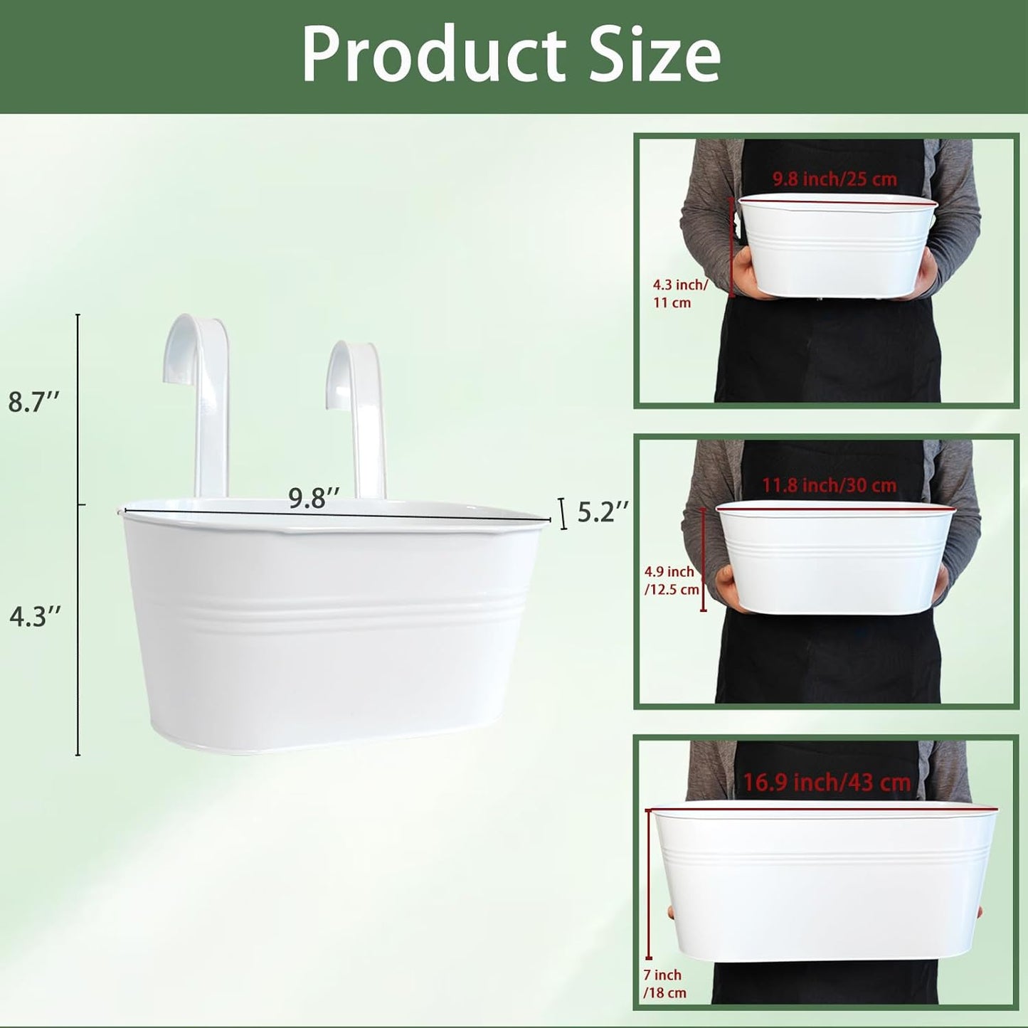 10" Hanging Flower Pots, Pack of 2 White Metal Outdoor Patio Balcony Planter, Railing Planters Fence Pot with Detachable Hook & Drainage Hole for Small Plants (White, 2Pcs)