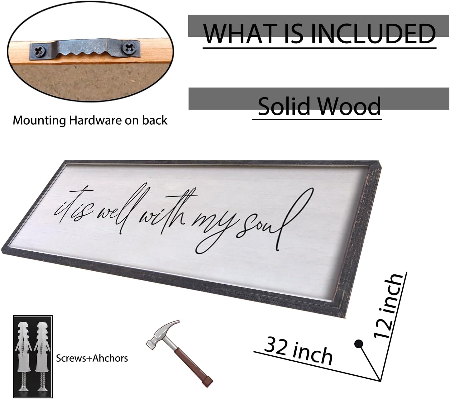 It Is Well With My Soul Wall Decor 32"x12" Bible Verse Christian Scripture Wood Framed Art Sign for Master Bedroom Living Room(Black)