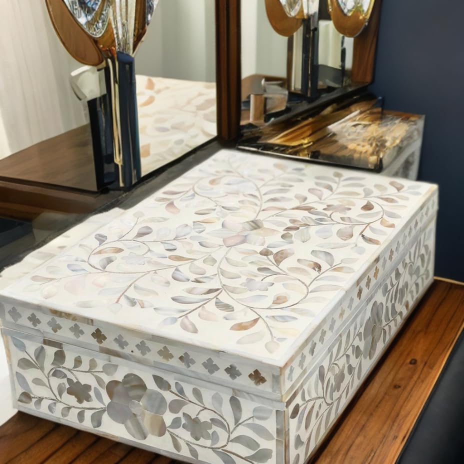 Decorative Storage Box Of Mother Of Pearl Inlay Floral Design Wooden Storage Box For Home Decoration For Living Dining & Bedroom (White_12x8x5 inch)