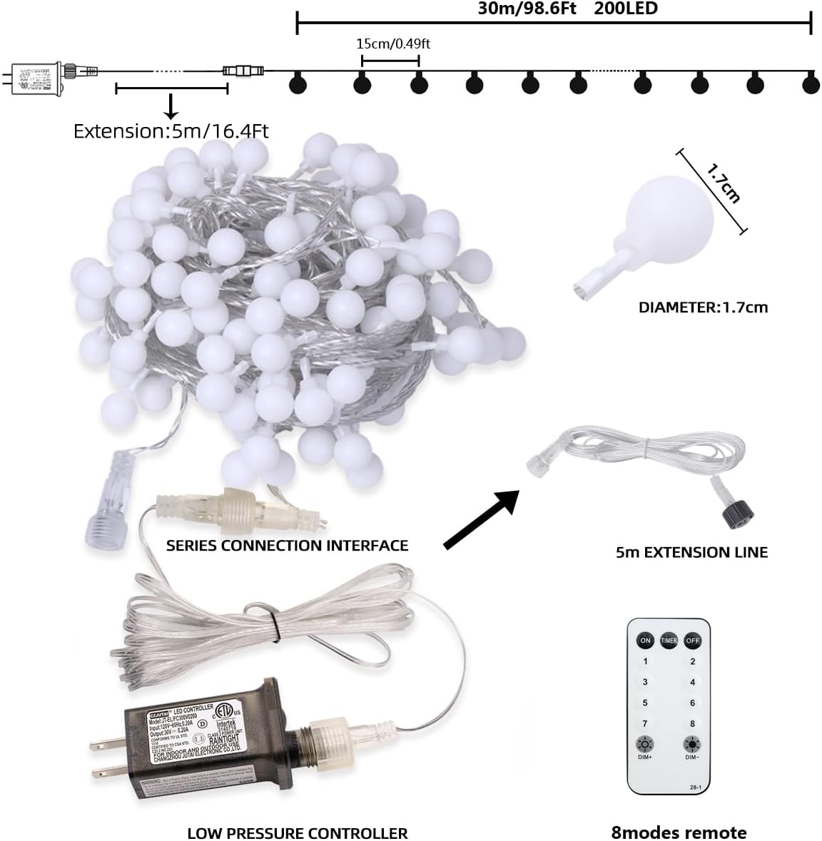 Globe String Lights Plug in 116 Ft. 200 LED 8 Modes with Remote,Waterproof Fairy String Lights for Indoor Outdoor Bedroom Party Wedding Garden Christmas Tree Decor,Warm White