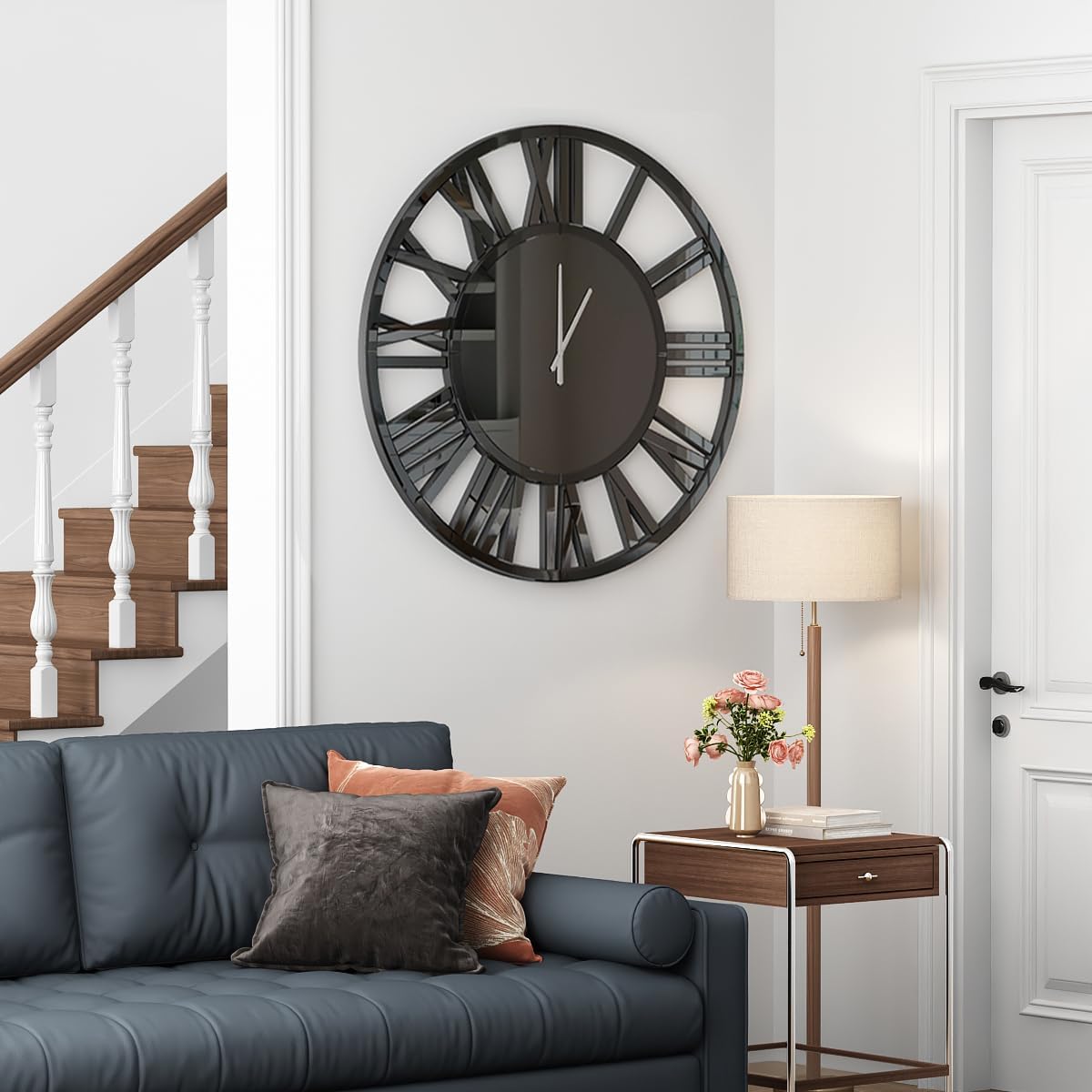 39.3" Oversize Wall Clock - Modern Black Glass Large Wall Clock with Roman Numerals, Decorative Wall Clocks for Living Room, Bedroom, Office - Easy to Hang, Silent Non-Ticking