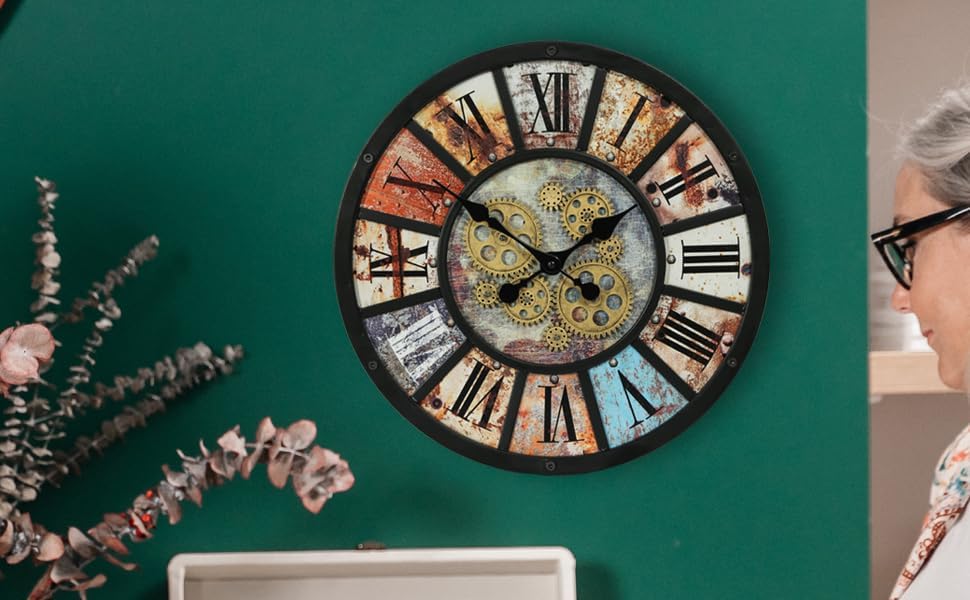 Unique Moving Gear Extra Large Wall Clock 21"-Battery Powered. Retro Industrial Steampunk Country Farmhouse Decor for Living Room, Kitchen,Bars, Restaurants, cafes, Offices(Black- 21")