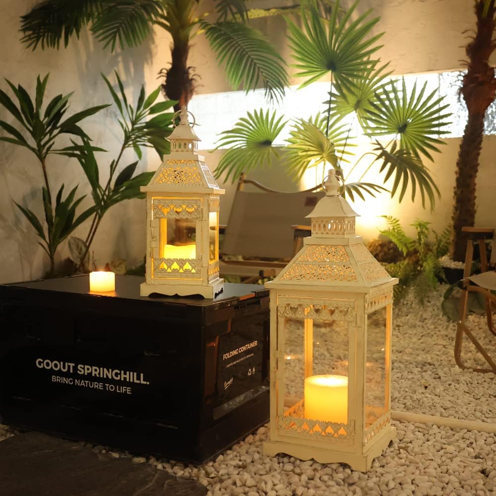 NEEDOMO Lanterns Decorative Outdoor & Indoor, Set of 2 Outdoor Lanterns for Porch,Large Square Candle Lantern, Beige Metal Frame with Glass for Fall, Christmas