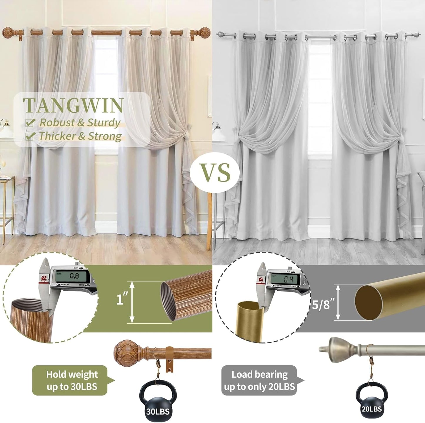 2 Pack Wood Curtain Rods for Windows 48 to 84 Inch(4-7ft),1 Inch Adjustable Curtain Rod,Heavy Duty Curtain Rods,Wooden Netted Texture Drapery Rods,Single Window Curtain Rod 36-88",Brown Wood