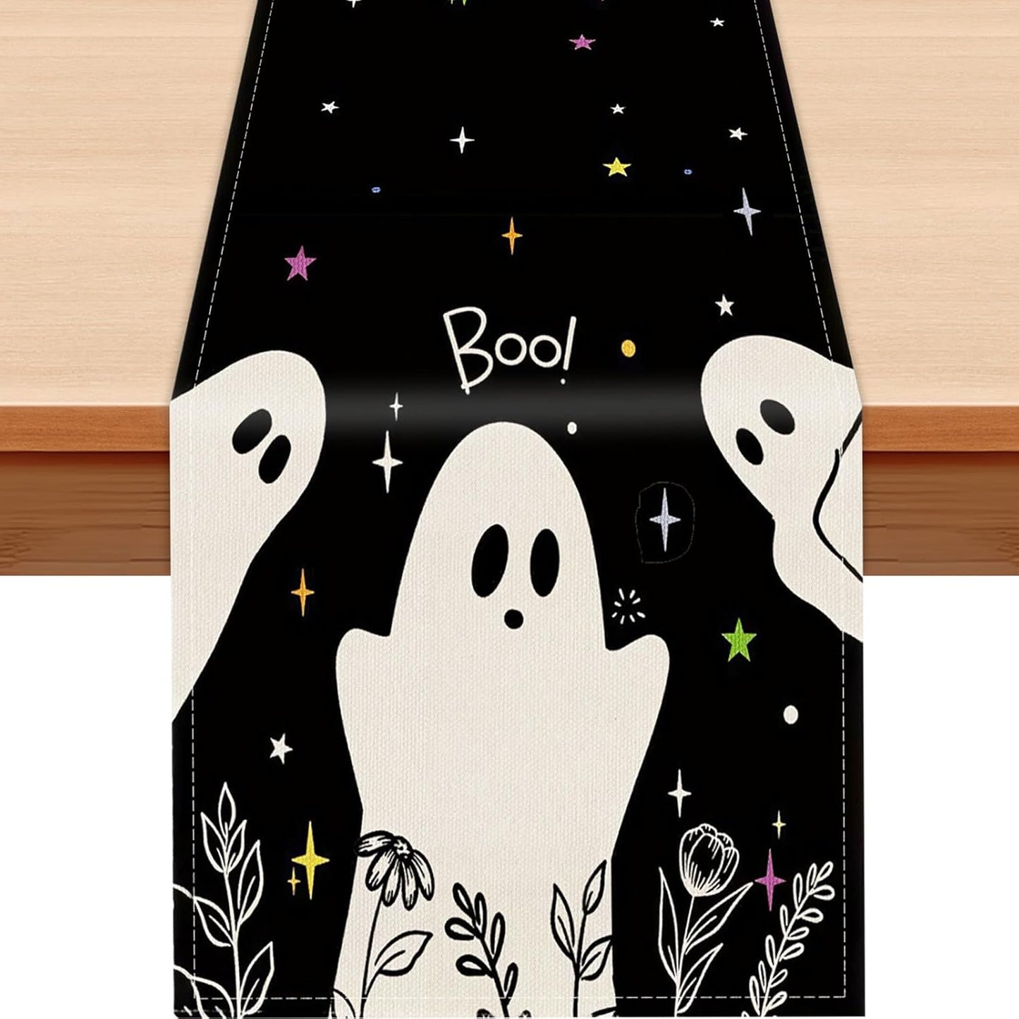 Halloween Black Table Runner Spooky Ghost Floral Boo Table Linen Runner Seasonal Holiday Kitchen Dining Table Decoration Halloween Decorations for Indoor Outdoor Home Party Decor 13x72 Inch