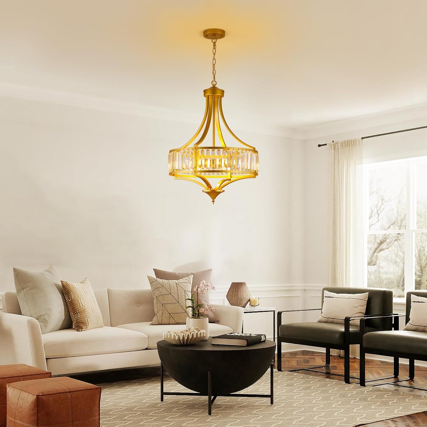 Modern Gold Crystal Chandelier, 20 Inch Large Ceiling Pendant Light Fixture with 50'' Adjustable Hanging Chain, 5-Light Farmhouse Chandelier for Dining Room, Living Room, Bedroom, Entryway
