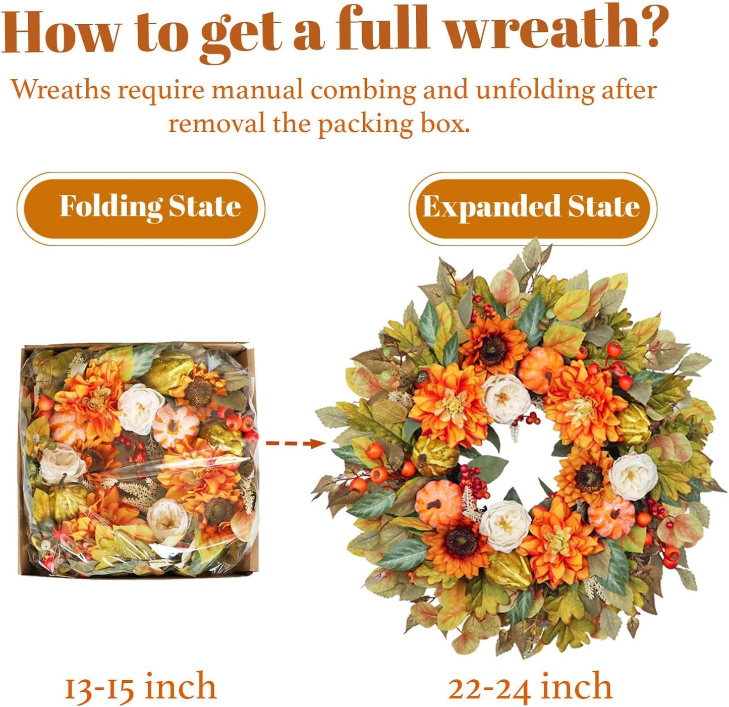 Fall Wreath for Front Door, 24 Inch Autumn Wreath with Pumpkins, Peony, Sunflowers & Dahlias, Fall Decorations for Home, Artificial Flowers Harvest and Thanksgiving Indoor & Outdoor