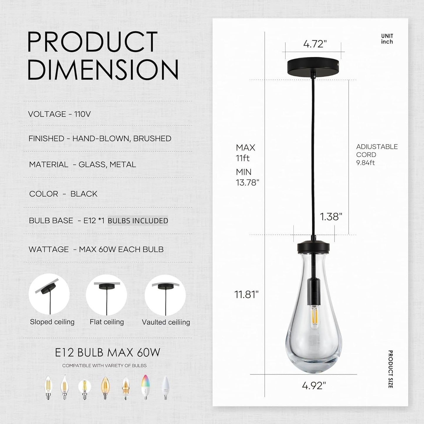 Raindrop Pendant Light, Black Glass Pendant Lighting, Hand Blown Teardrops Modern Hanging Light for Entryway Foyer Stairway Kitchen Island Bedroom Dining Living Room Hallway