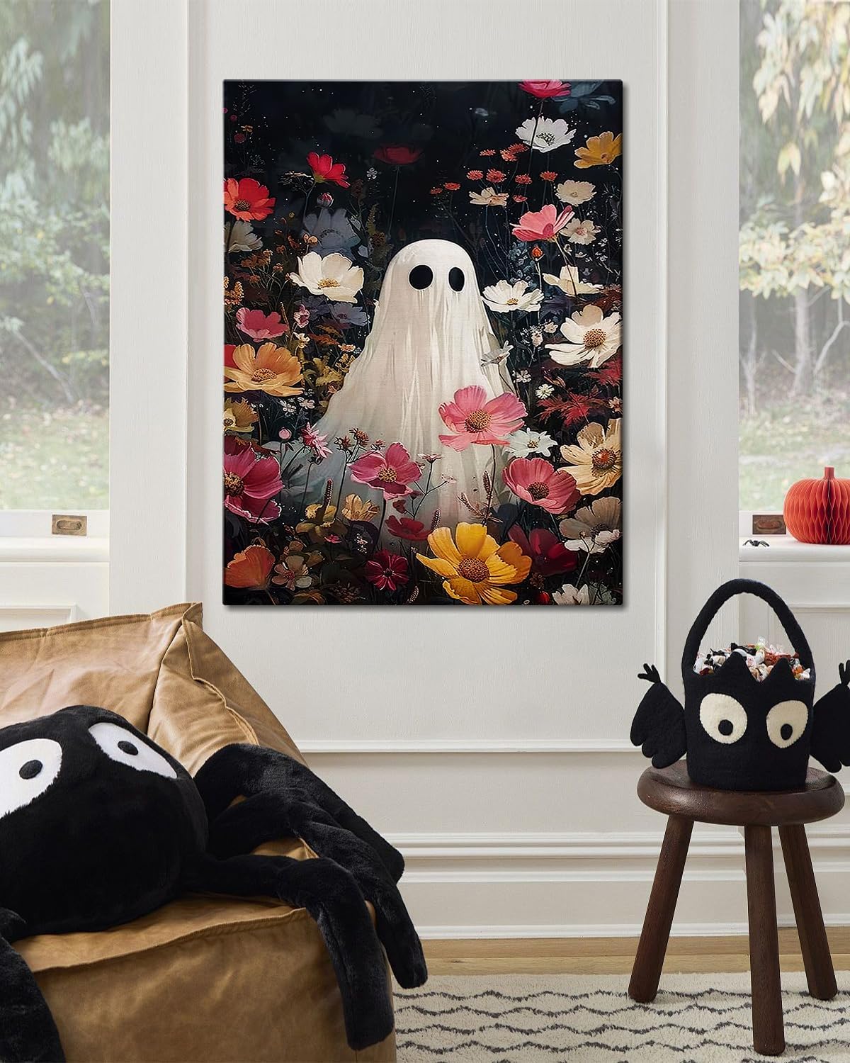 Halloween Canvas Wall Art,Vintage Cute Ghost & Wildflowers Framed Poster, Spooky Fall Decorations for Indoor, Gothic Dark Academia Wall Decor, Funny Halloween Decorations for Living Room Bedroom