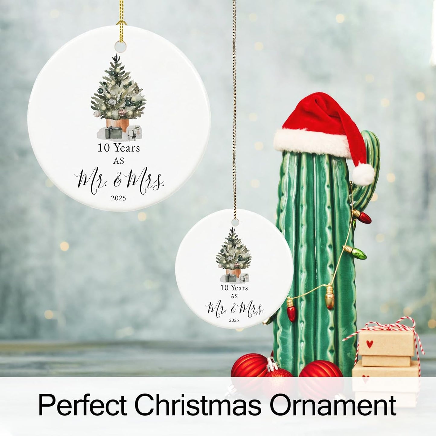 10th Anniversary Ornament Gifts for Couple, 10th Wedding Anniversary for 10 Year as Mr and Mrs Gifts, Ceramic Keepsake 10 Year Anniversary Christmas Ornaments with Ribbon and Box