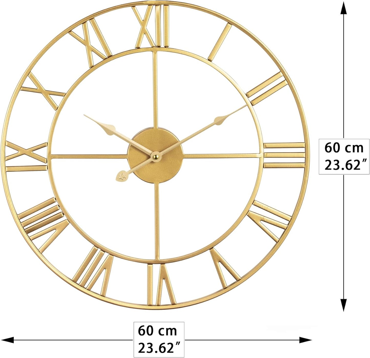 LEIKE Large Modern Wall Clocks,24" Gold Metal,Rustic,Round,Silent Non Ticking,Battery Operated Roman Numerals Clock for Living Room/Bedroom/Kitchen Wall Decor-(Gold, 60cm)