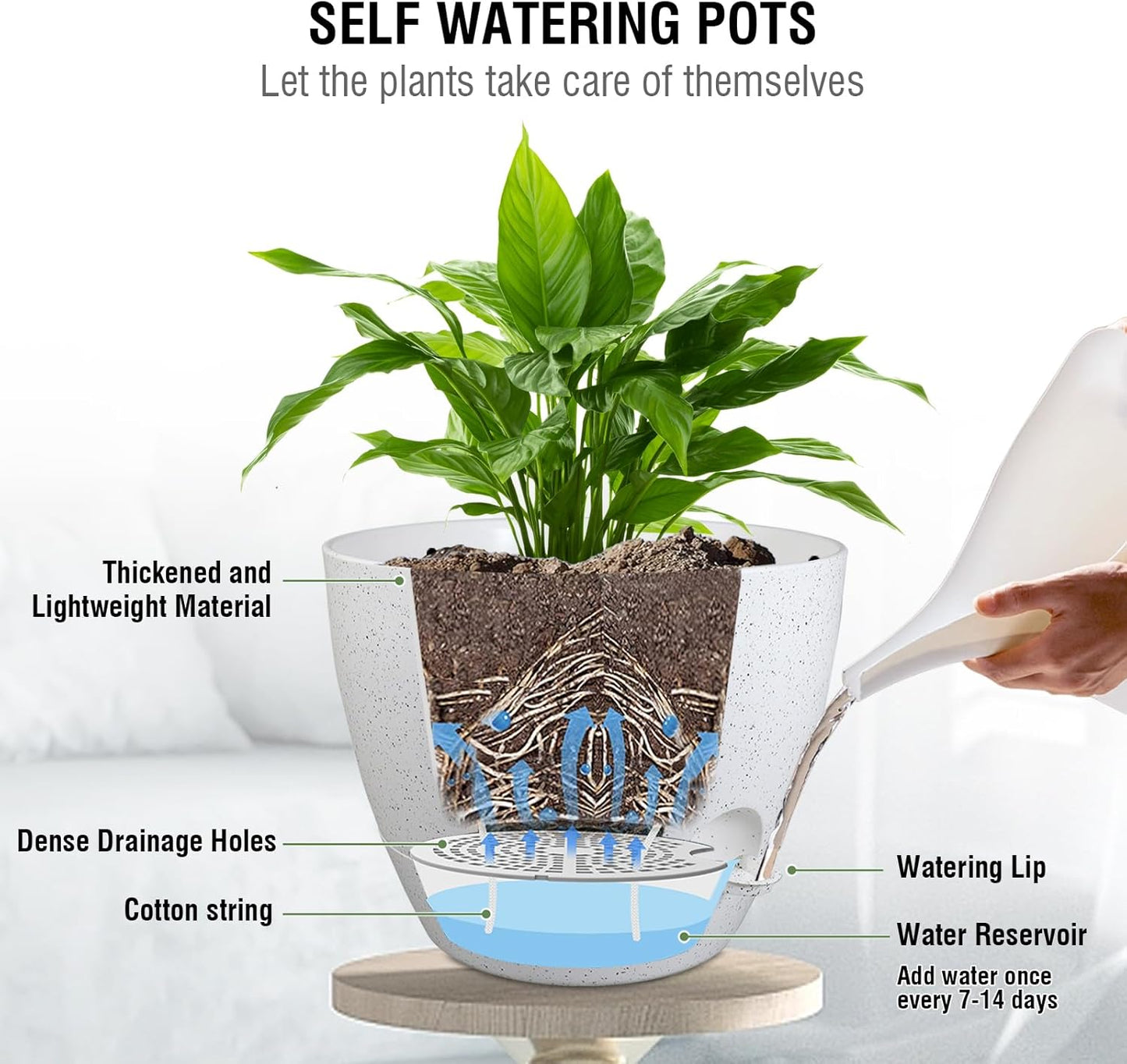 10 inch Self Watering Hanging Planters, 2 Pack Hanging Baskets for Indoor Outdoor Plants, Hanging Flower Pots with Drainage Holes and 2 Kinds of Plant Hangers for Garden Decor, Speckled White