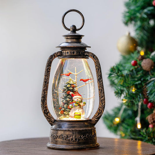 Christmas Snow Globe Lantern Water Glittering Snowman with Christmas Tree, USB Lined/Battery Operated Lighted Lantern for Christmas Festival Decoration Gifts