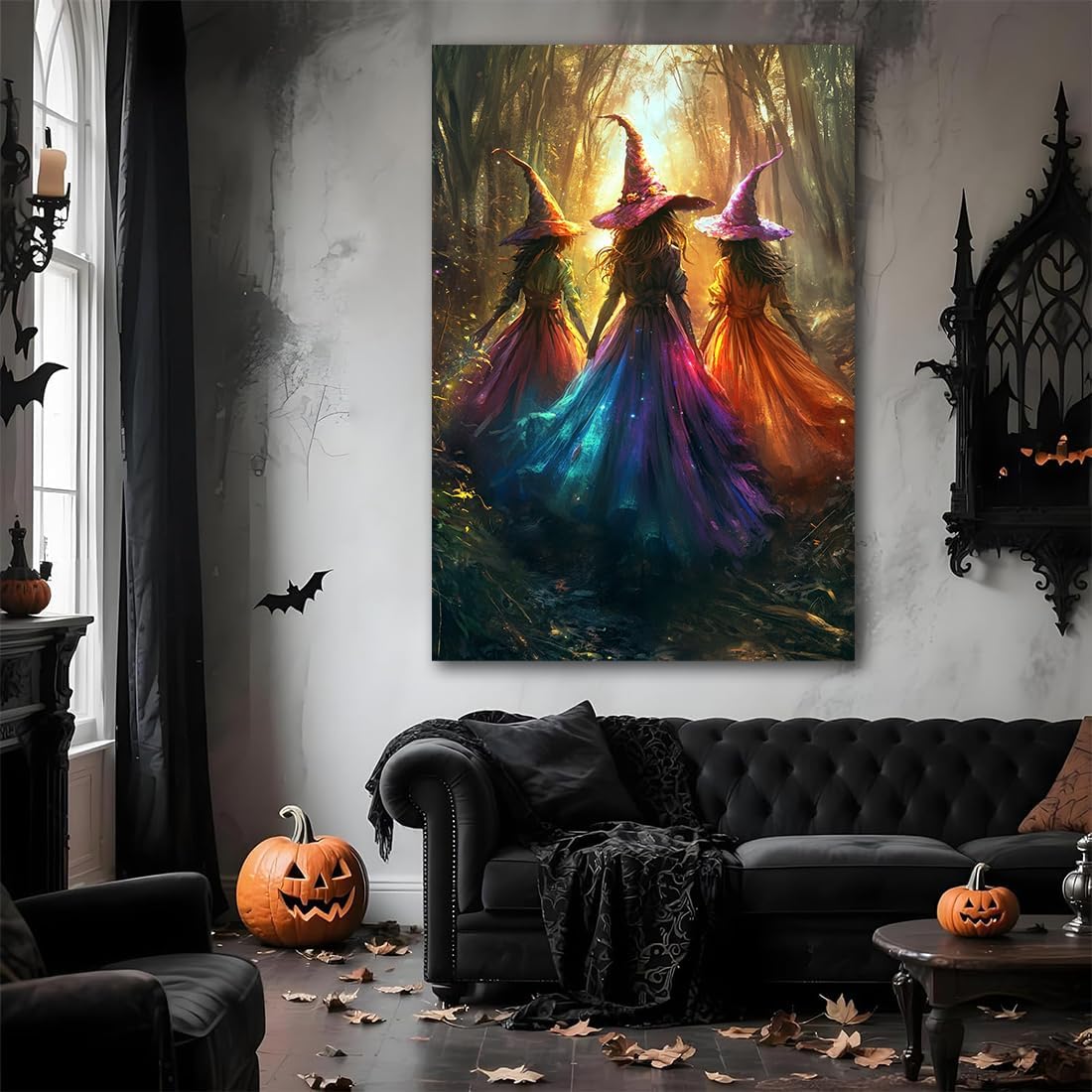 Halloween Room Decor Wall Art Colorful Witch Prints,Vintage Three Colorful Witches in Forest Halloween Posters,Fall Fantasy Aesthetic Pictures Playful Art Wall Decor for Bedroom,8"x12" Framed