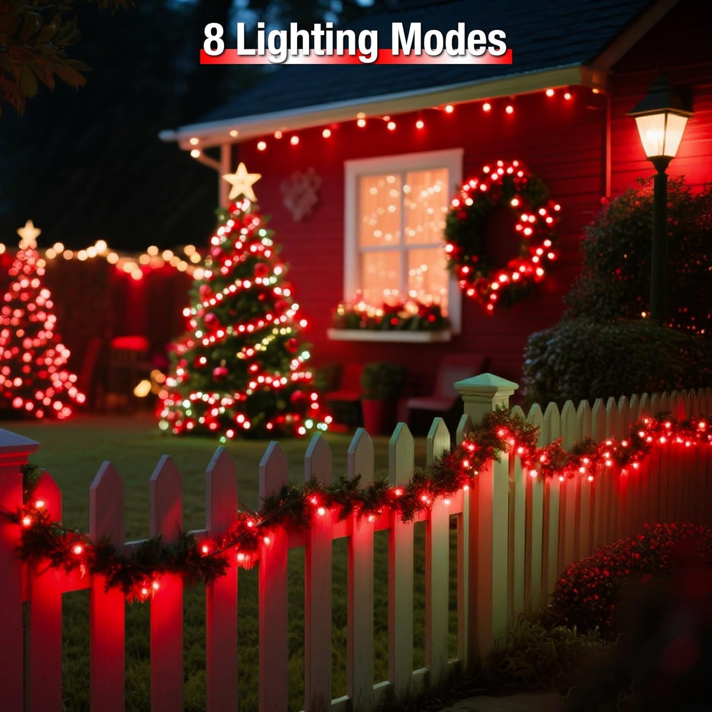 2 Pack Solar String Lights Outdoor - 160LED 66FT Solar Fairy Lights Waterproof 8 Modes, Copper Wire Solar Powered Twinkle Lights for Outside Tree Garden Christmas Wedding Party Decor, Red