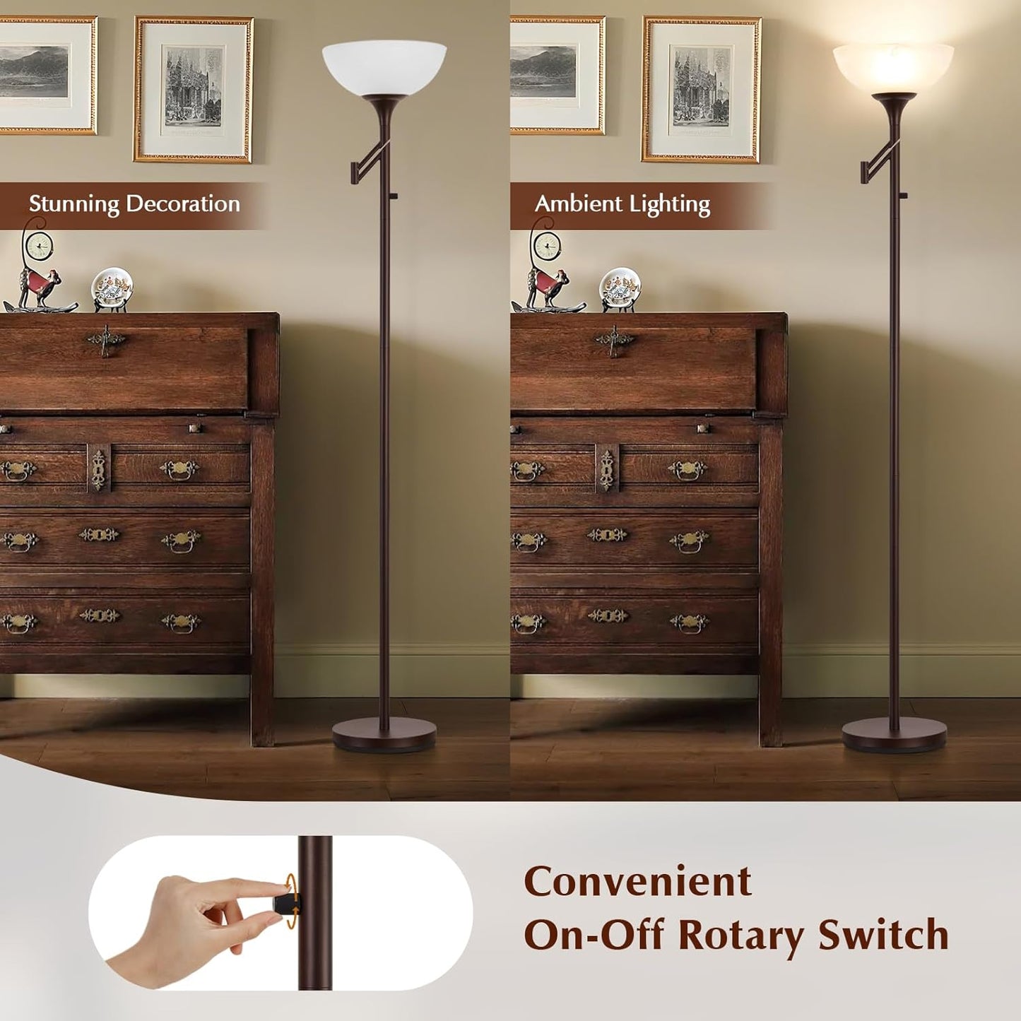 Floor Lamps for Living Room Bronze, 71" Tall Standing Lamp with Glass Shade, Vintage Floor Lamp with 350°Adjustable Swing Arm Lamp, Pole lamp for Bedroom, Living Room, Office, Bulbs Included