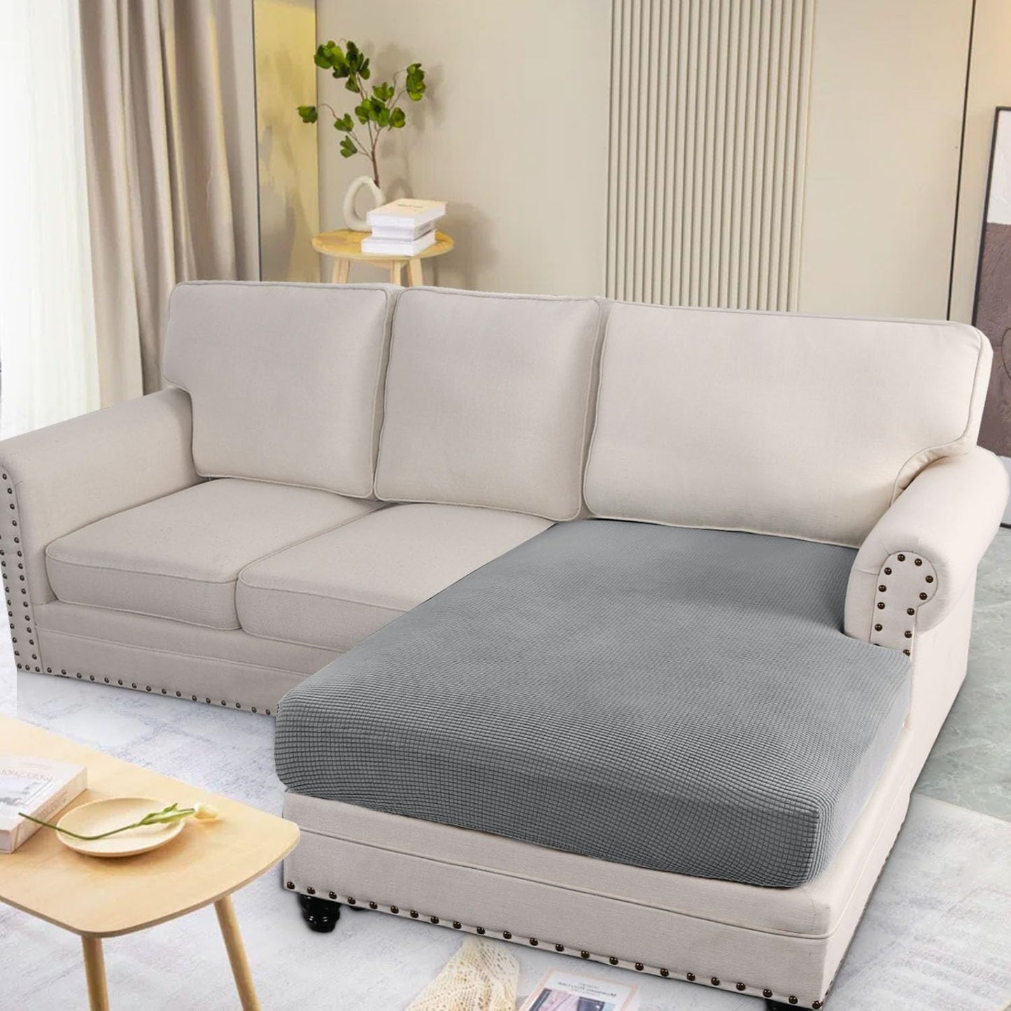 H.VERSAILTEX Super Stretch Individual Chaise Cover Sectional Couch Covers for L Shaped Sofa Both Left/Right Featuring Thick Jacquard Textured Twill Fabric (1 Piece Chaise Cover, Dove)