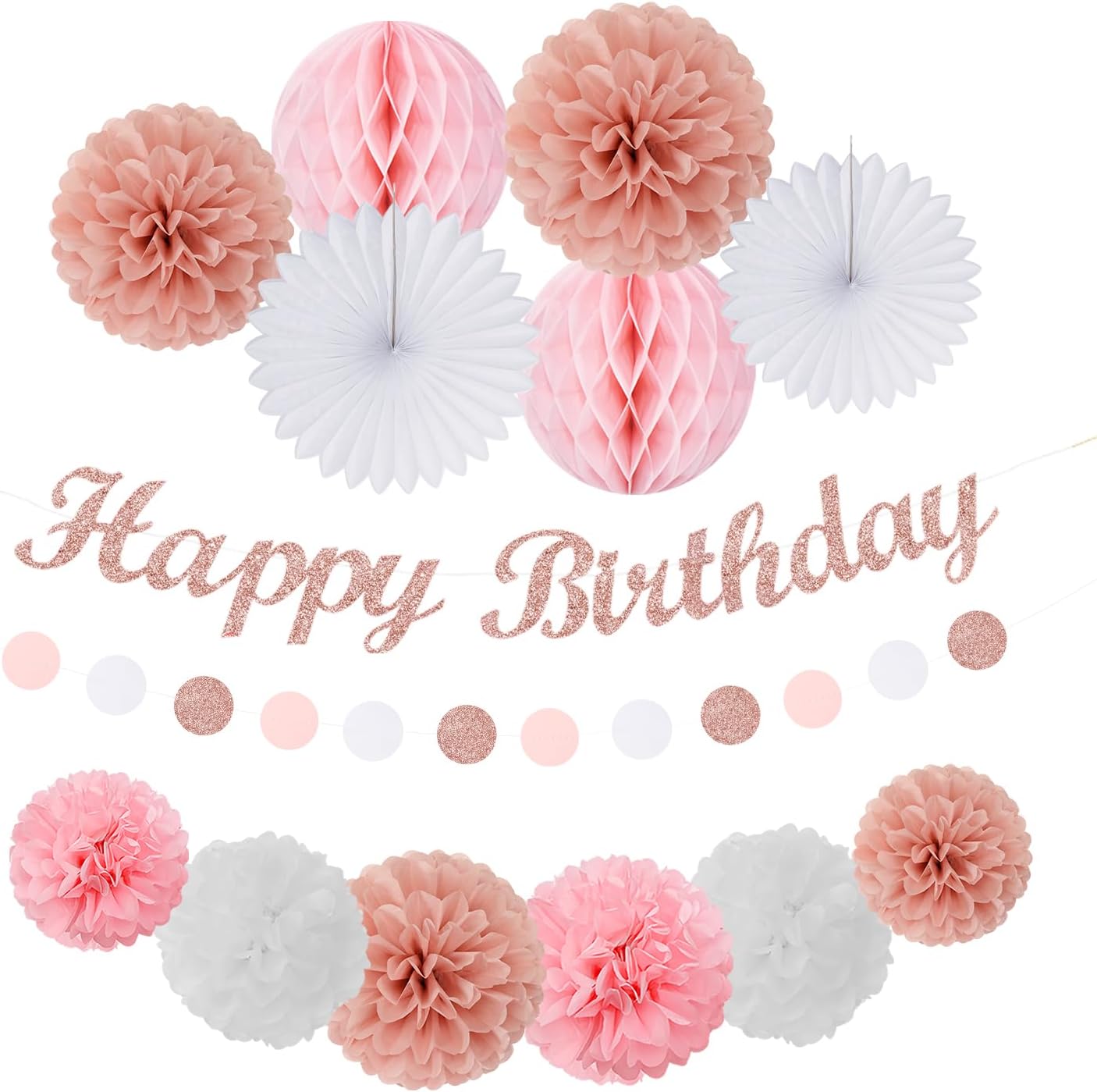 Light-Pink Rose-Gold Birthday Garland Party-Decorations - 14pcs Happy Banner Women Paper Flowers Lanterns Tissue Pom Poms,Streamers Fans Honeycomb Girls Adult Women Kids Hanging Supplies Decor Hugfond