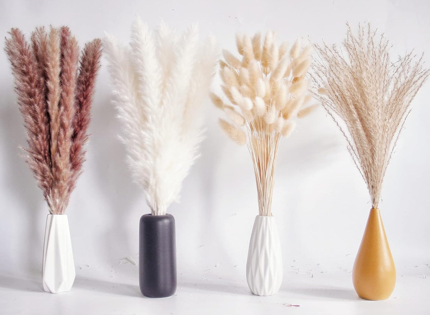 100 PCS Dried Flowers Pampas Grass Bouquet, Boho Table Decor, Bunny Tails Dried Flowers, Brown Pompas, White Pampas Grass for Wedding, Home, Rustic Party, Baby Shower Decorations