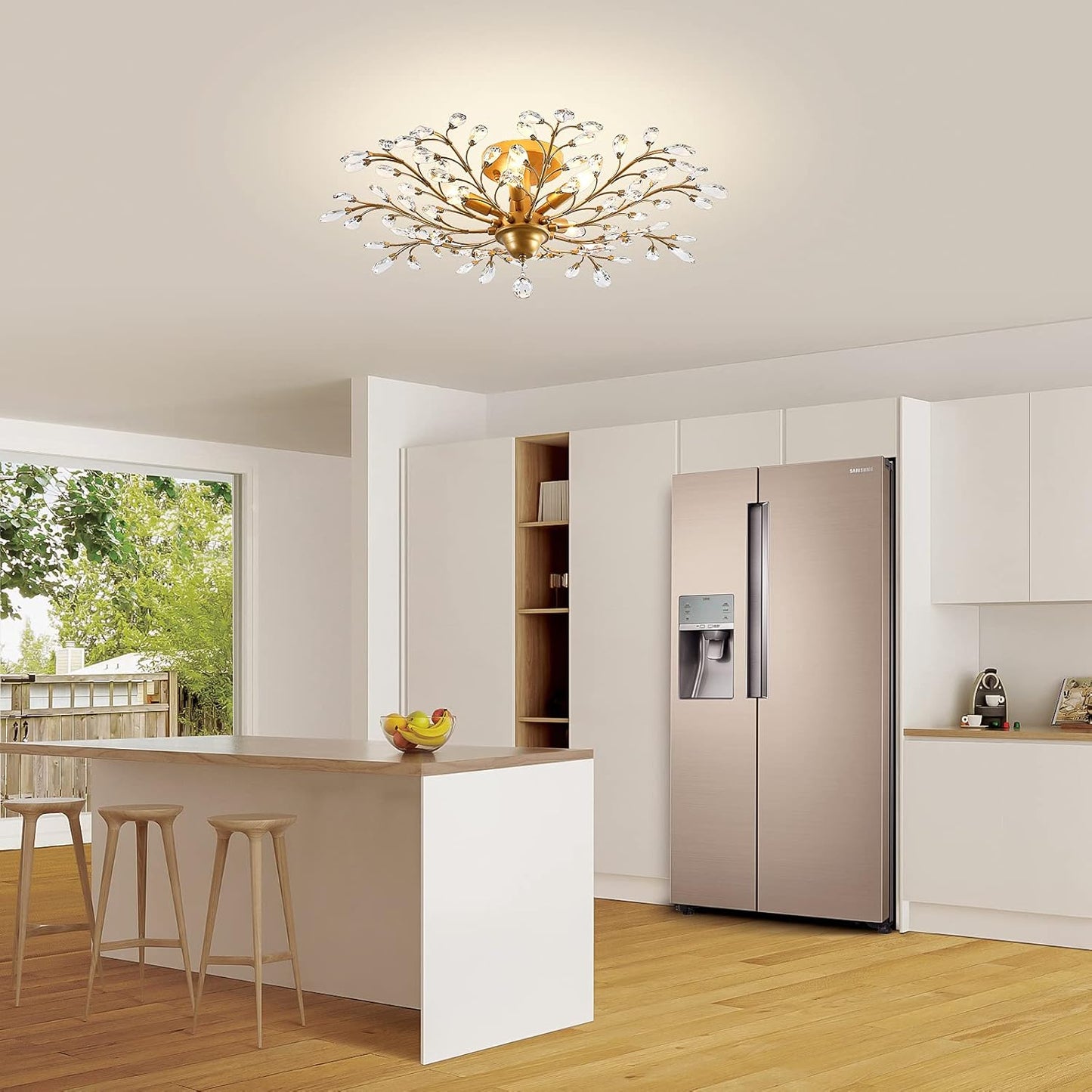 Ganeed Crystal Chandeliers,Vintage K9 Clear LED Ceiling Lighting,Edison Pendant Light Flush Mounted Fixture with 5 Light for Living Room Dinning Room Restaurant Porch Hallway (Gold)