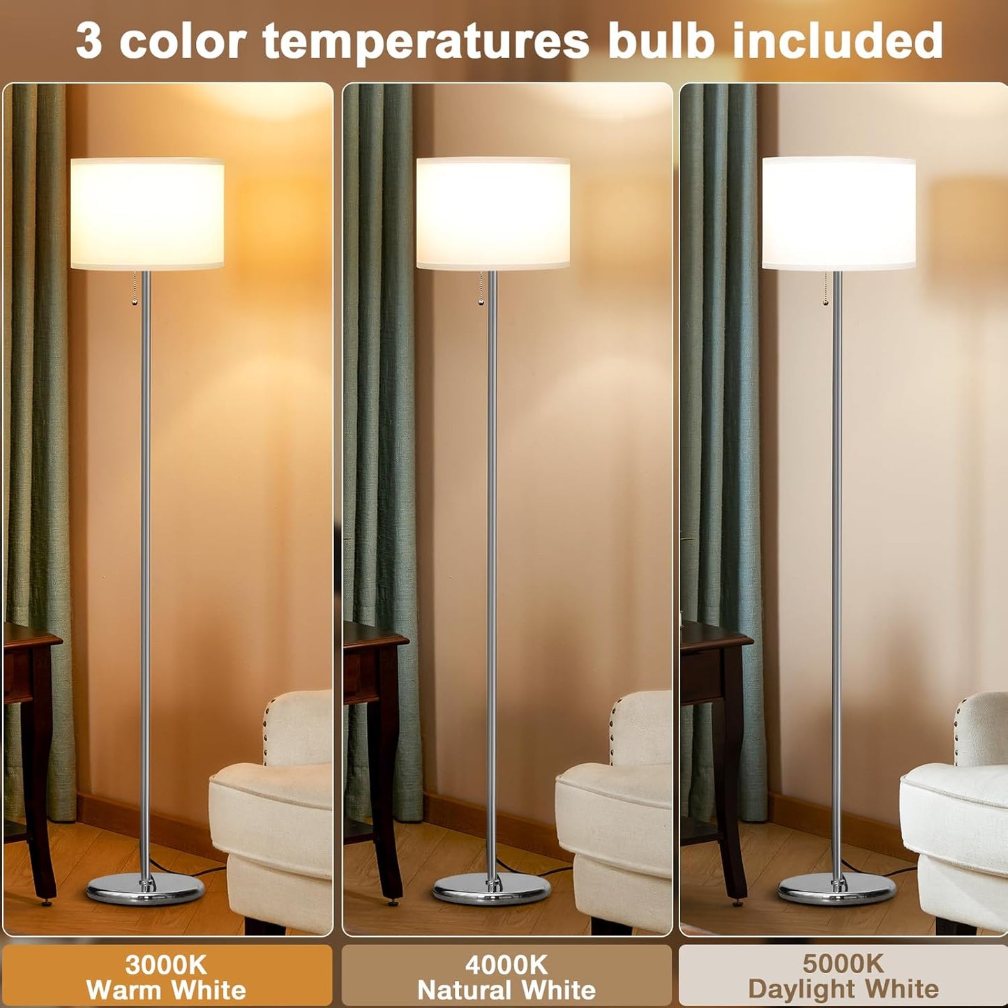 Ambimall Floor Lamps for Living Room with 3 Color Temperatures Bulb & Pull Chain Switch, 60" Modern Standing Floor Lamp for Bedroom Kids Room Study Room(White Shade & Silver Pole)