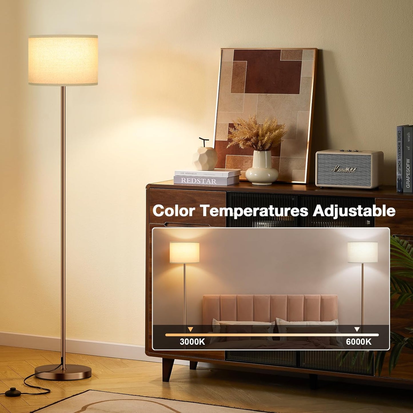 Ambimall Floor Lamps for Living Room with Remote Control and Stepless Dimmable Colors Temperature & Brightness, 9W Bulb Included(Beige Lampshade & Brown Pole)