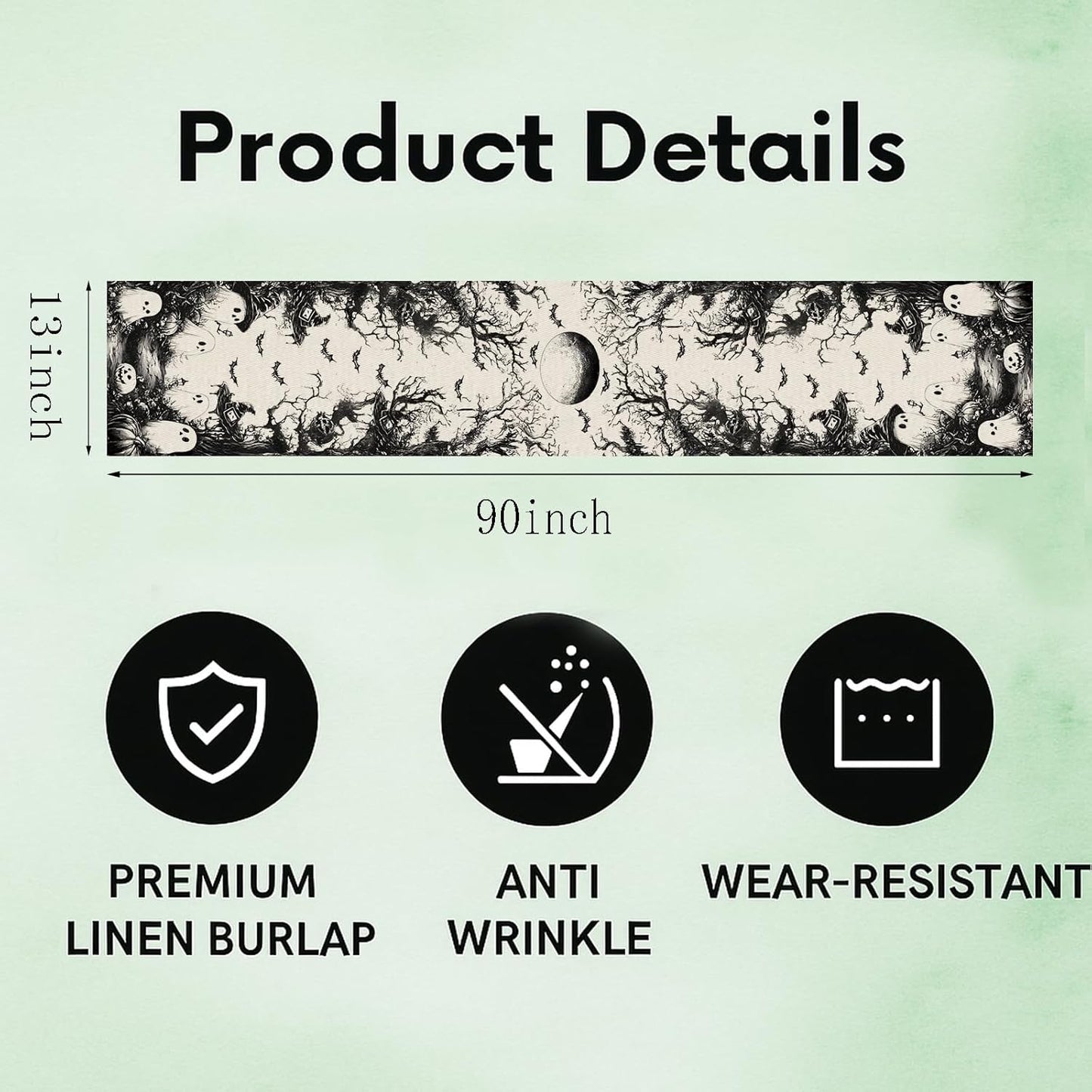 GPGHE Halloween Table Runner Black Ghost Holiday Burlap Table Decoration Indoor Outdoor Home Decor Party Supply 13 x 90 Inch