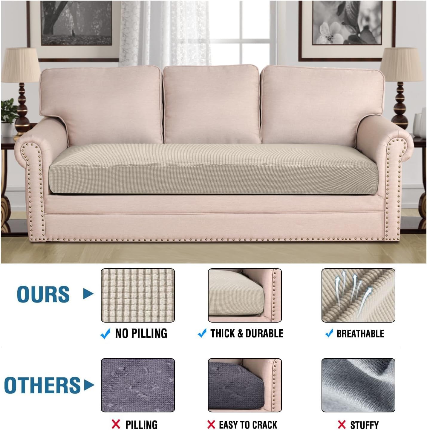 H.VERSAILTEX Super Stretch Individual Seat Cushion Covers Sofa Covers Couch Cushion Covers Slipcover Sets Thick Jacquard Textured Twill Fabric (1 Piece Sofa Cushion Cover, Island Fossi)