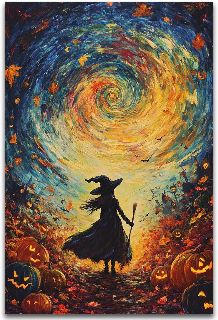Halloween Autumn Witchy Decor Wall Art Prints,Gothic Witch in Whirlwind Autumn with Pumpkins Scene Pictures Poster,Fall Festival Home Decor Painting Canvas Poster for Bedroom Bathroom,20"x30" Unframed