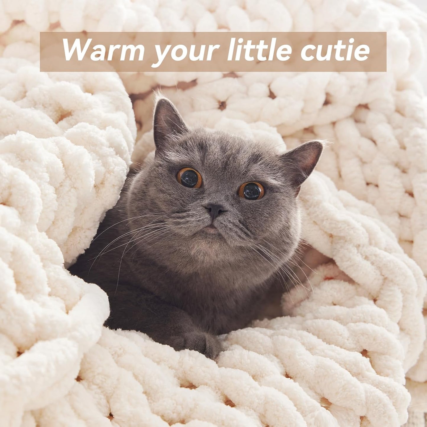 Chunky Knit Throw Blanket, 50''*60'' Knitted Throw Chenille Yarn for Bed Couch, Handmade Cream Crochet Big Thick Blanket, Machine Washable Cute Comfy Blanket for Home Decor