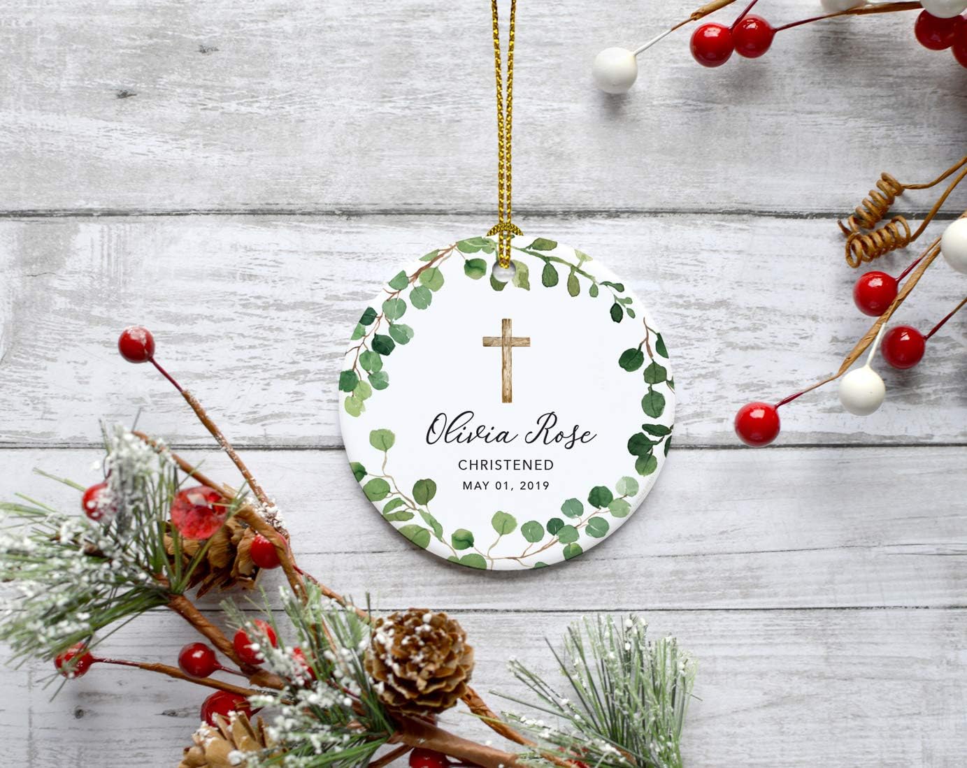 Andaz Press Personalized Round Ceramic Porcelain Christmas Ornament Gift, Olivia Rose Carter, Christened May 1, 2024, Farmhouse Eucalyptus Wreath, 1-PackCustom Christening Gift Ideas