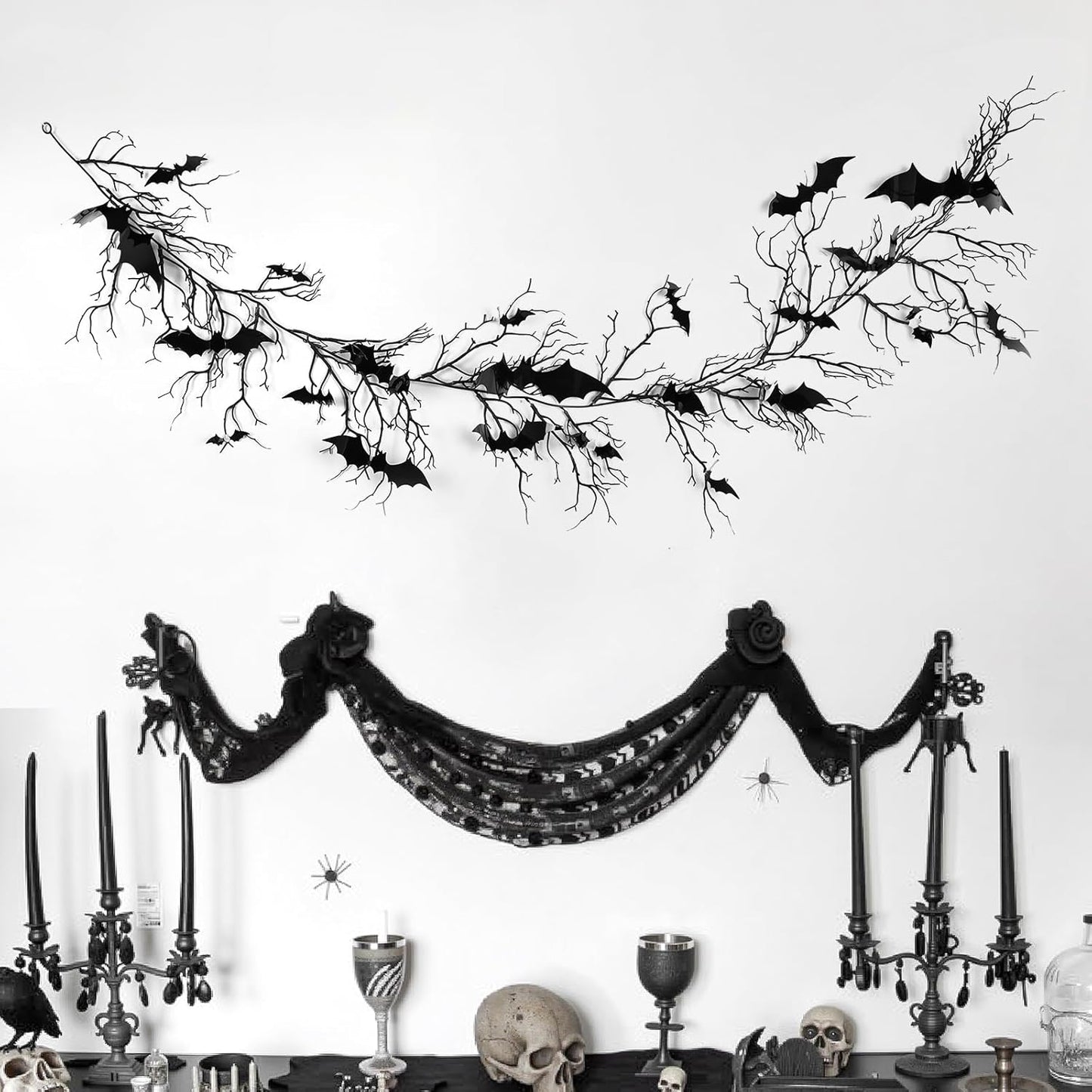 Gothic Halloween Banner: 1pc Haunted Bat Dark Dead Branch Halloween Party Banner with LED Lights, Decorative Bat Vine Twig Garland Decorations for Home Wall Mantel Doorways Front Decor