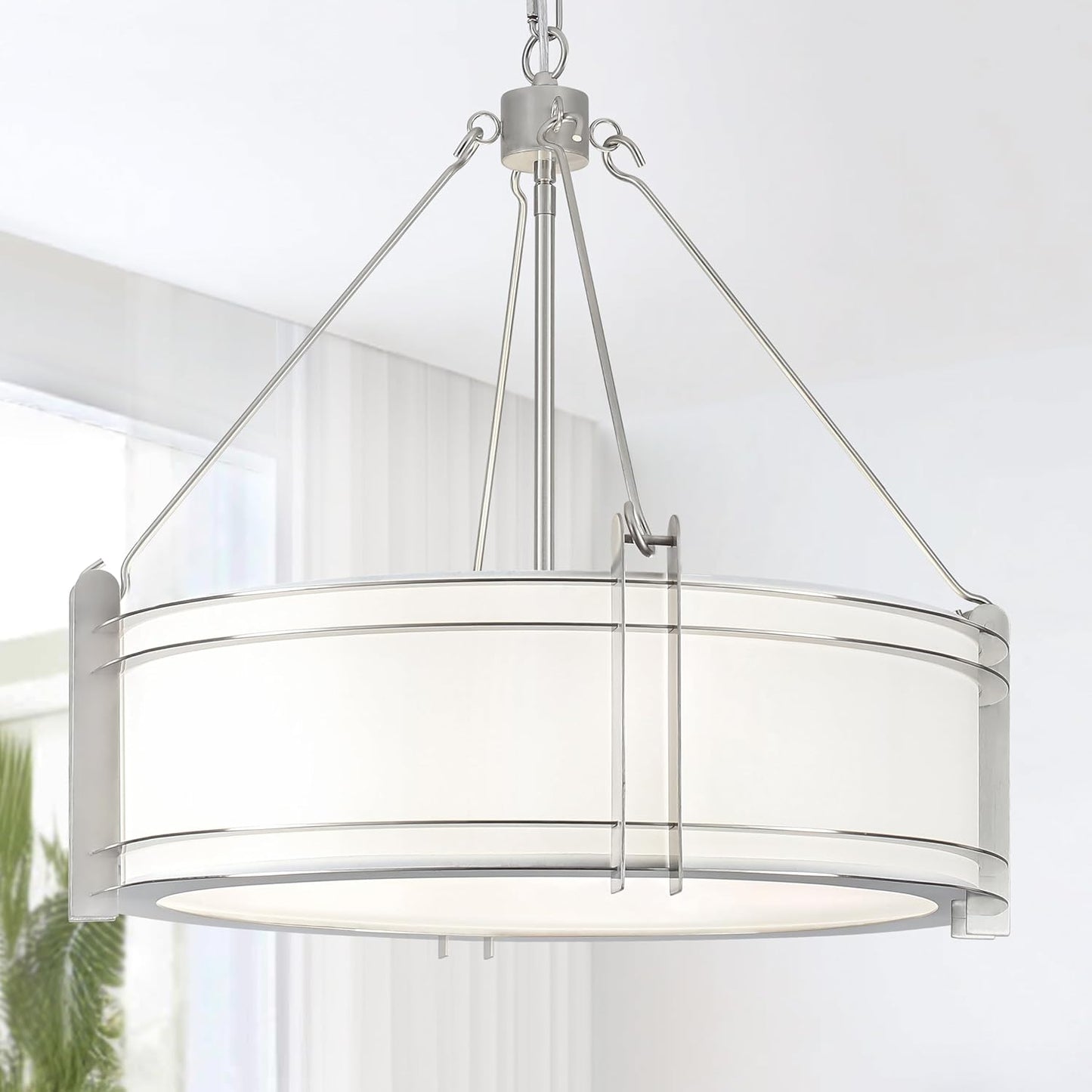 20.4''Drum Chandelier,5-Light Brushed Nickel Modern White Fabric Chandeliers,Farmhouse Round Pendant Light Fixture for Dining Room Kitchen Island Living Room Bedroom Hallway