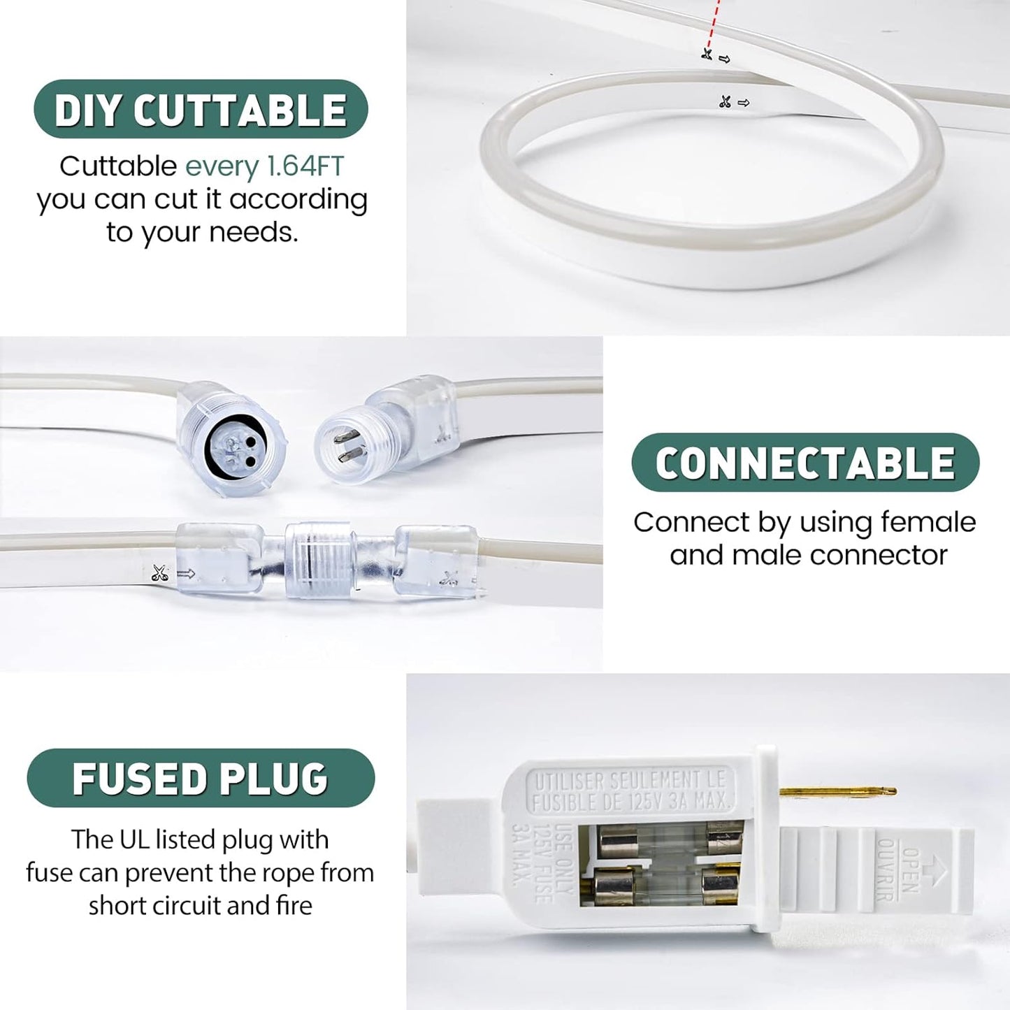 GZBtech Flexible LED Neon Rope Lights 50FT,AC 110-120V Waterproof Strip Light, 120 LEDs/M Cuttable Connectable Neon Lighting for Indoor Outdoor Home Decor/Commercial Building Use-Blue 15M